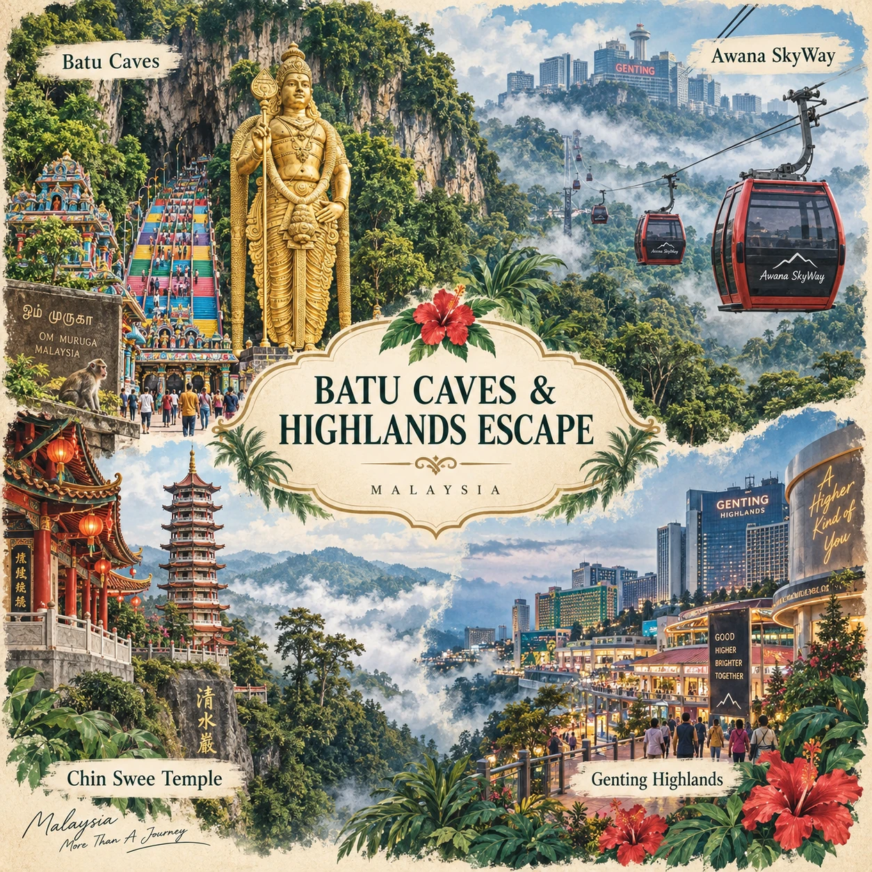 Illustrated Batu Caves and highlands escape in Kuala Lumpur, Malaysia