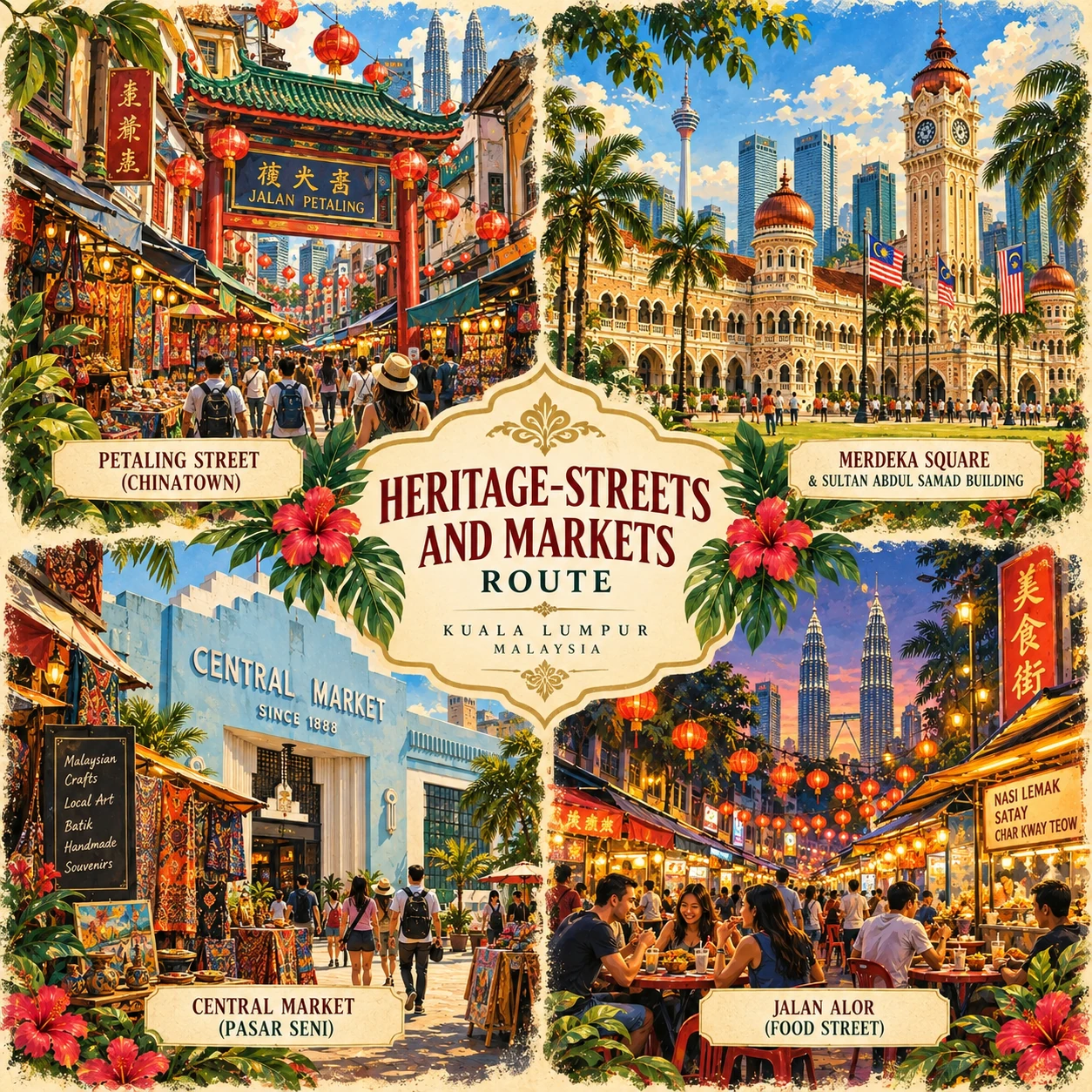 Illustrated Heritage streets and markets in Kuala Lumpur, Malaysia