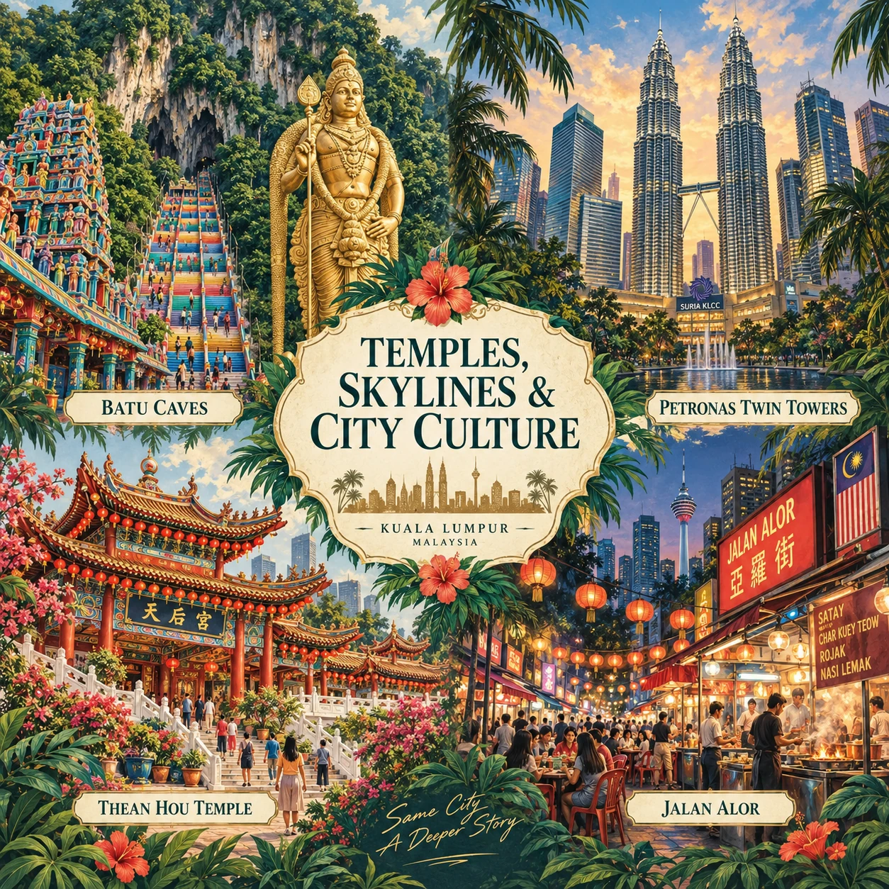 Illustrated Temples, skylines and city culture in Kuala Lumpur, Malaysia