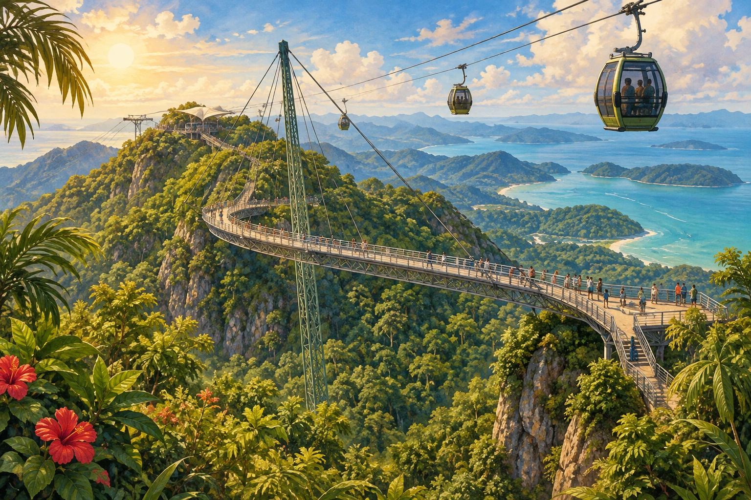 Illustrated Langkawi Cable Car and SkyBridge in Langkawi, Malaysia