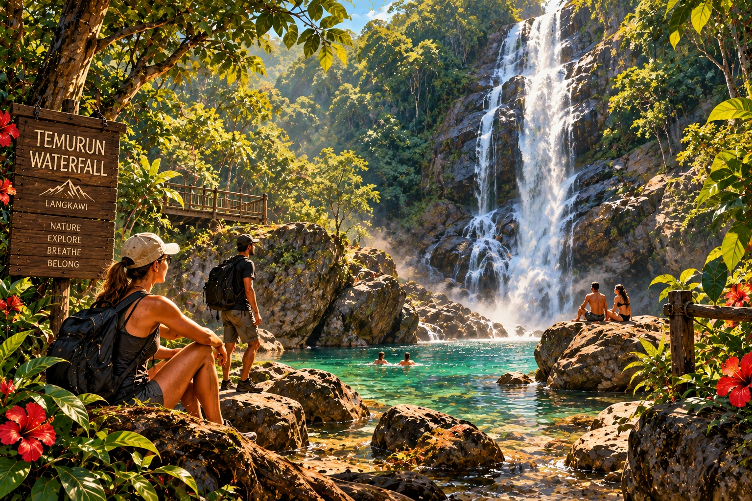 Illustrated Temurun Waterfall in Langkawi, Malaysia