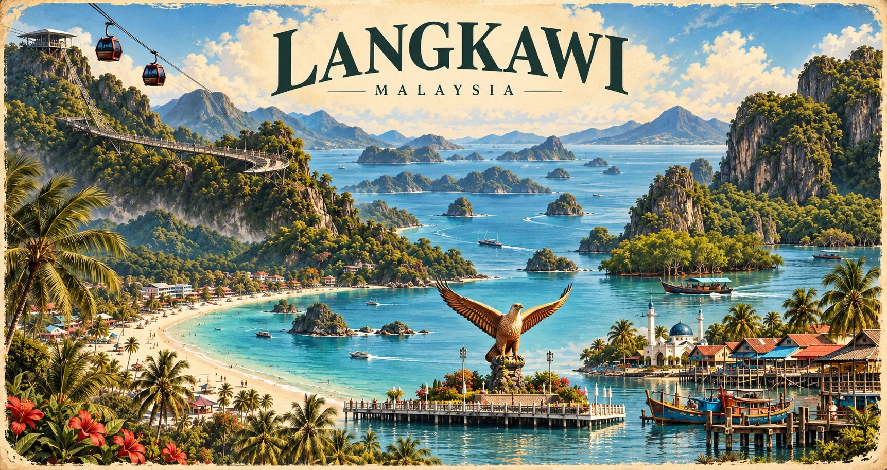 Illustrated panorama of Langkawi, Malaysia