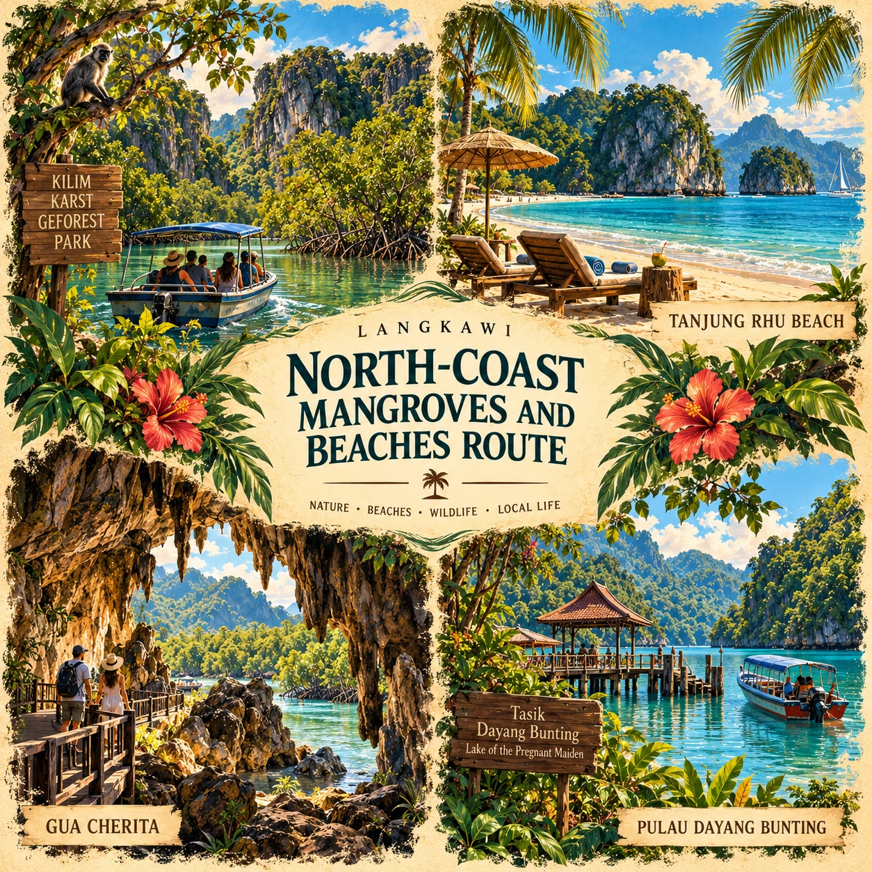 Illustrated North-coast mangroves and beaches in Langkawi, Malaysia