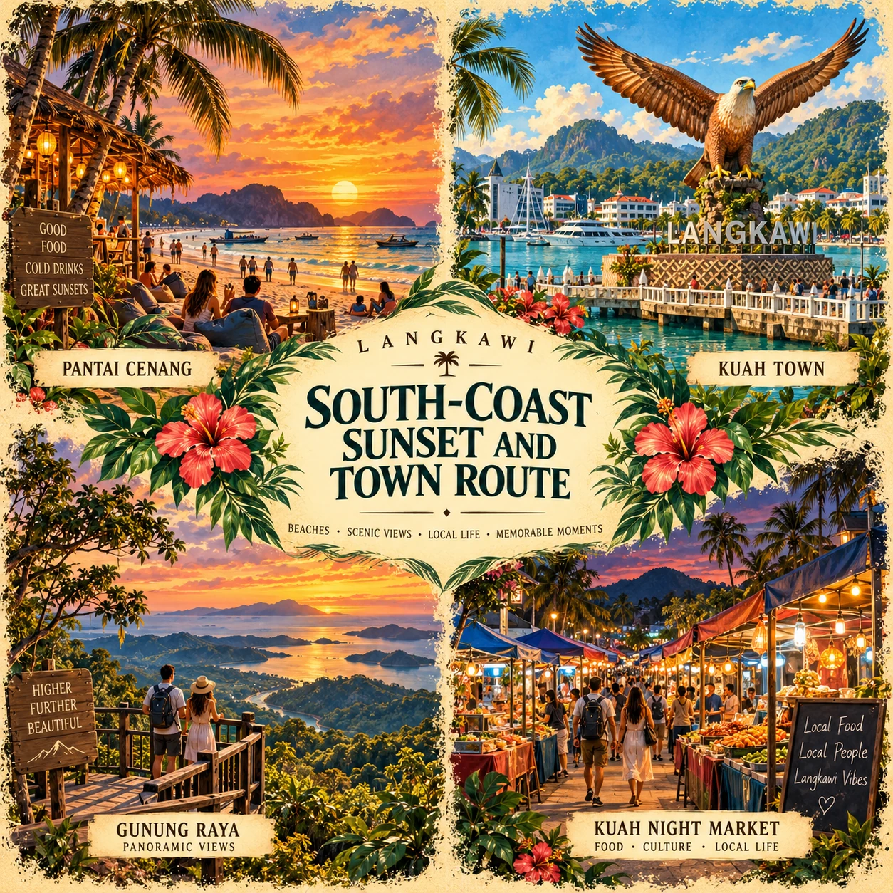Illustrated South-coast sunset and town in Langkawi, Malaysia