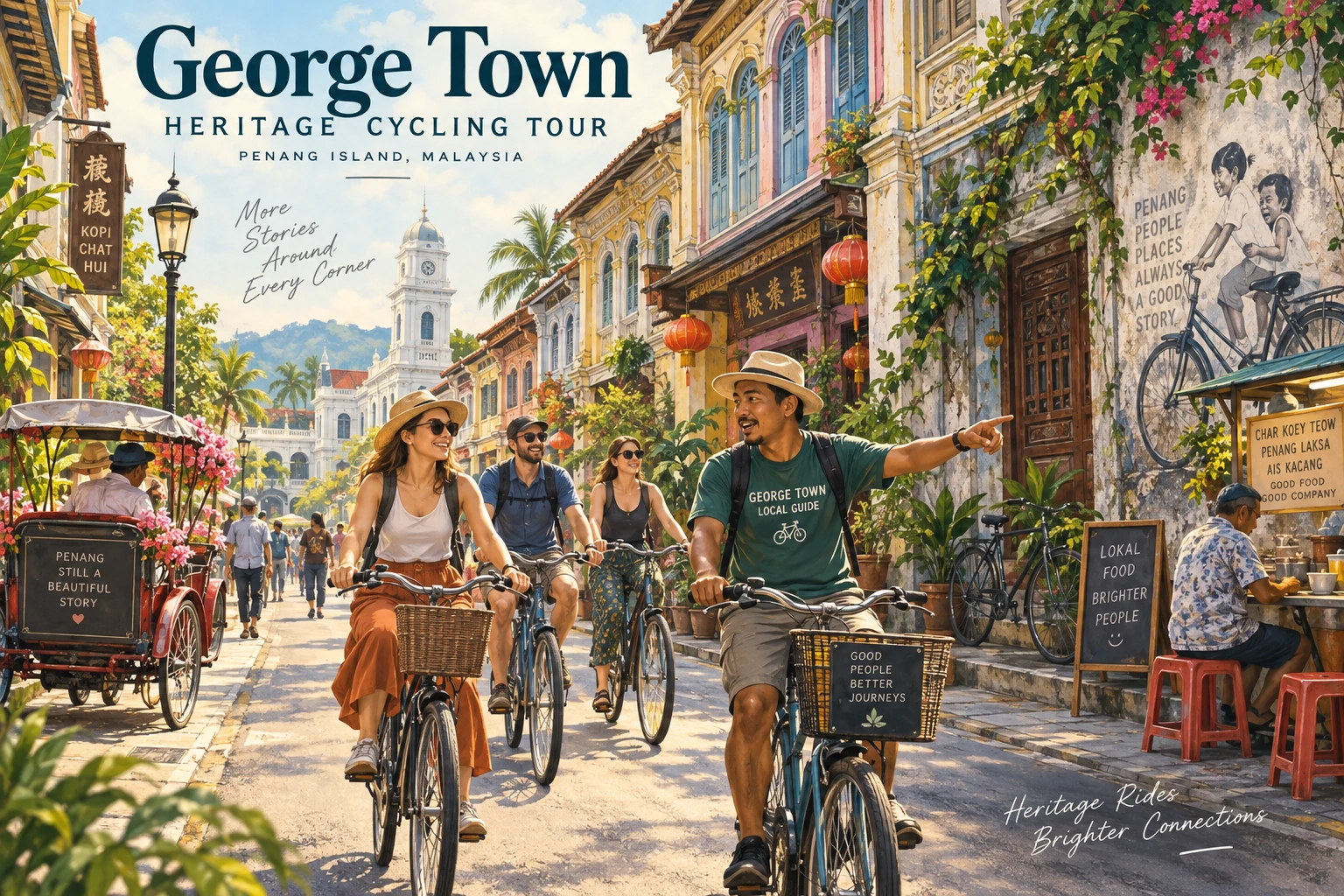 Illustrated George Town heritage cycling in Penang, Malaysia