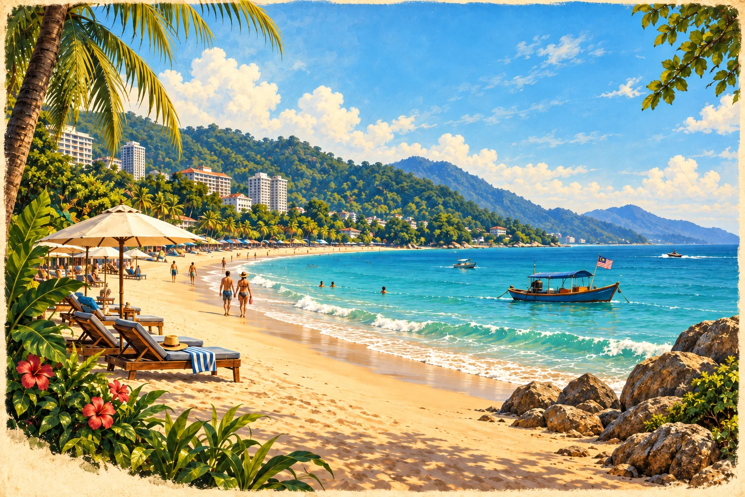 Illustrated Batu Ferringhi Beach in Penang, Malaysia