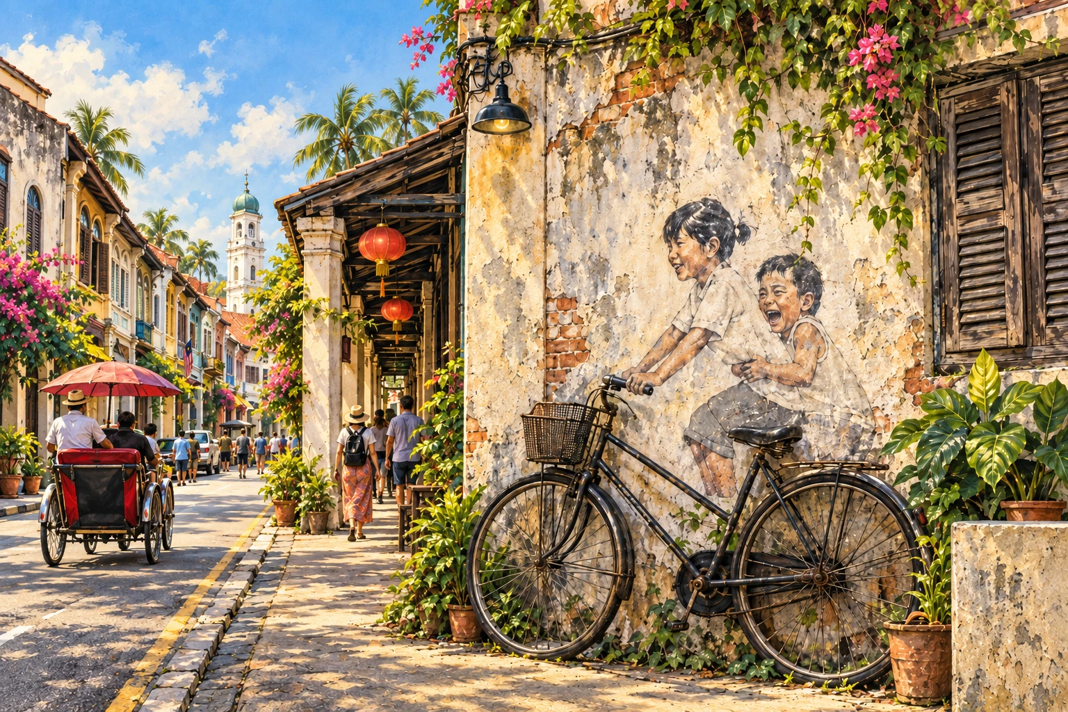 Illustrated George Town street art in Penang, Malaysia