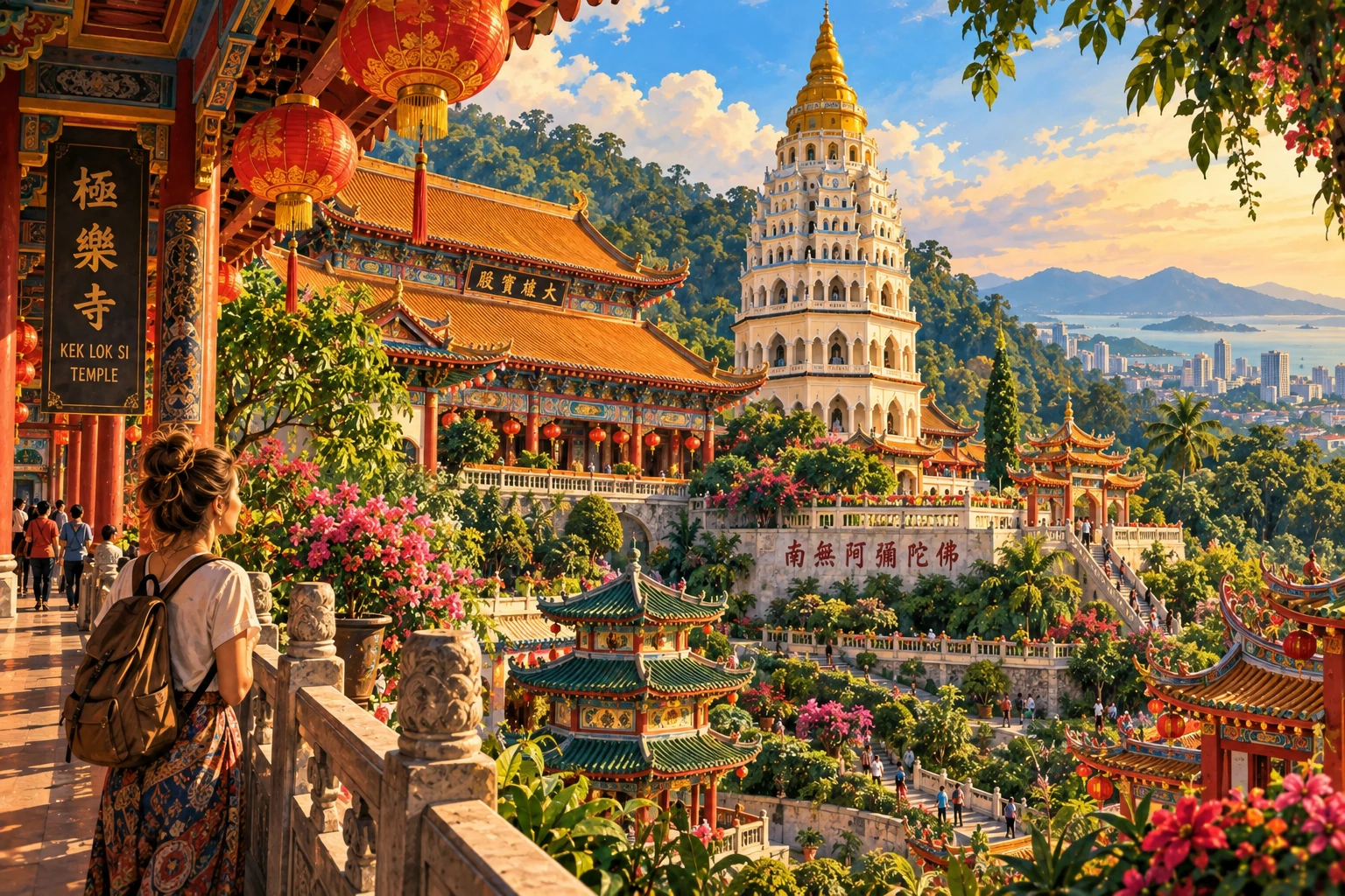 Illustrated Kek Lok Si Temple in Penang, Malaysia