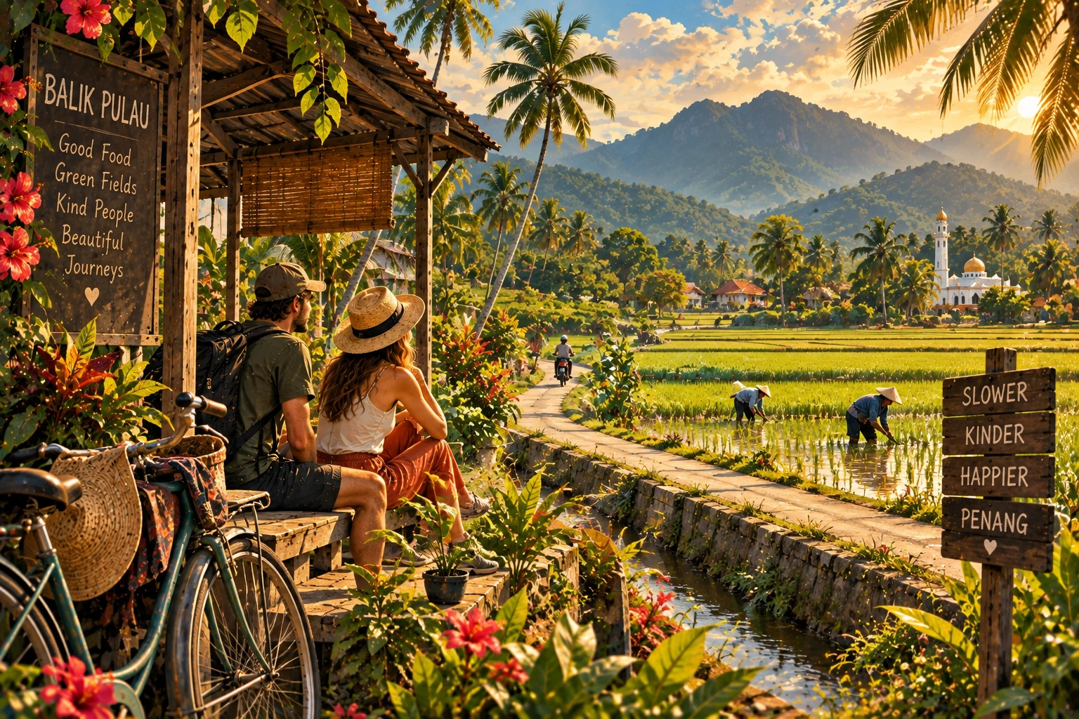 Illustrated Balik Pulau rice fields in Penang, Malaysia