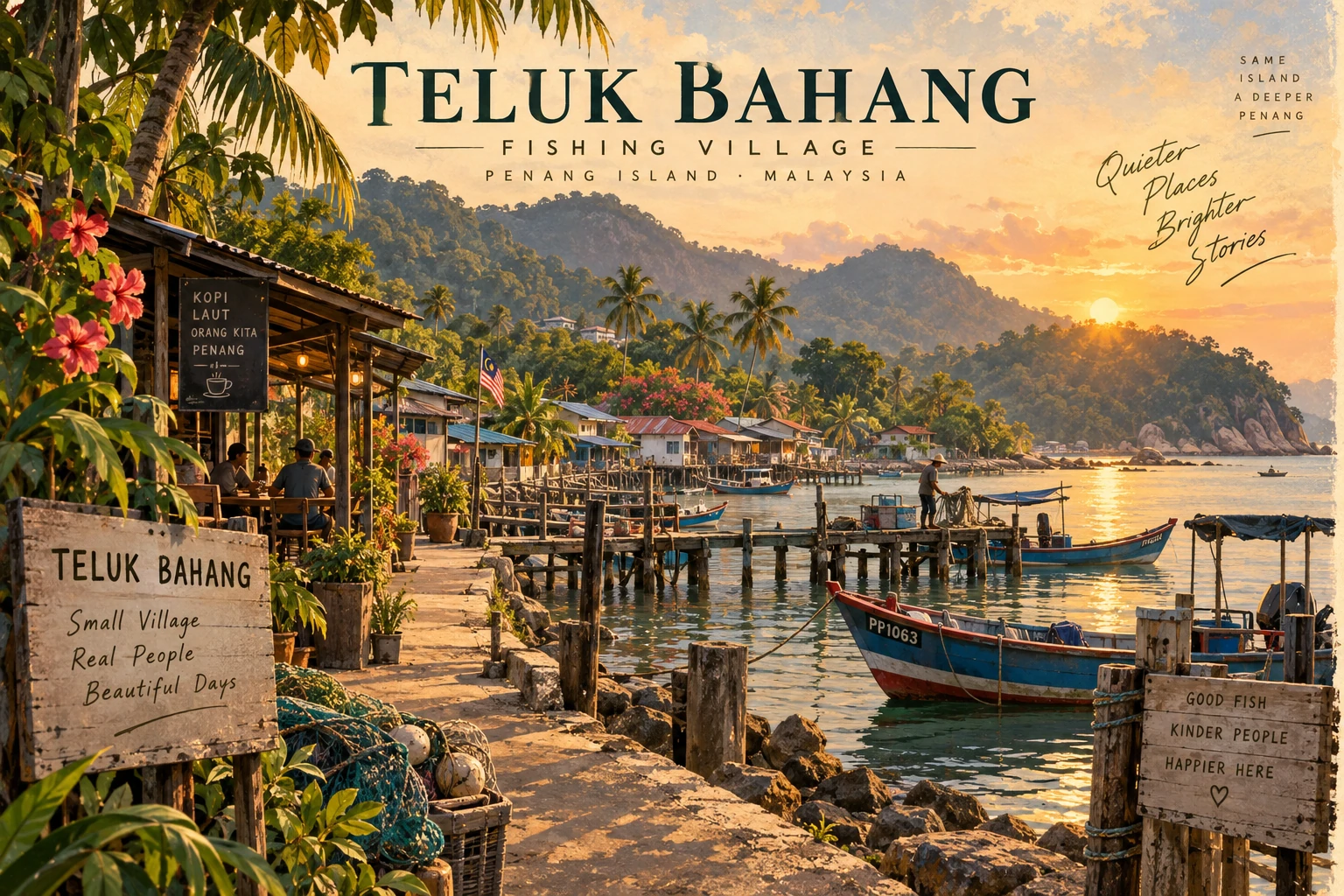 Illustrated Teluk Bahang fishing village in Penang, Malaysia