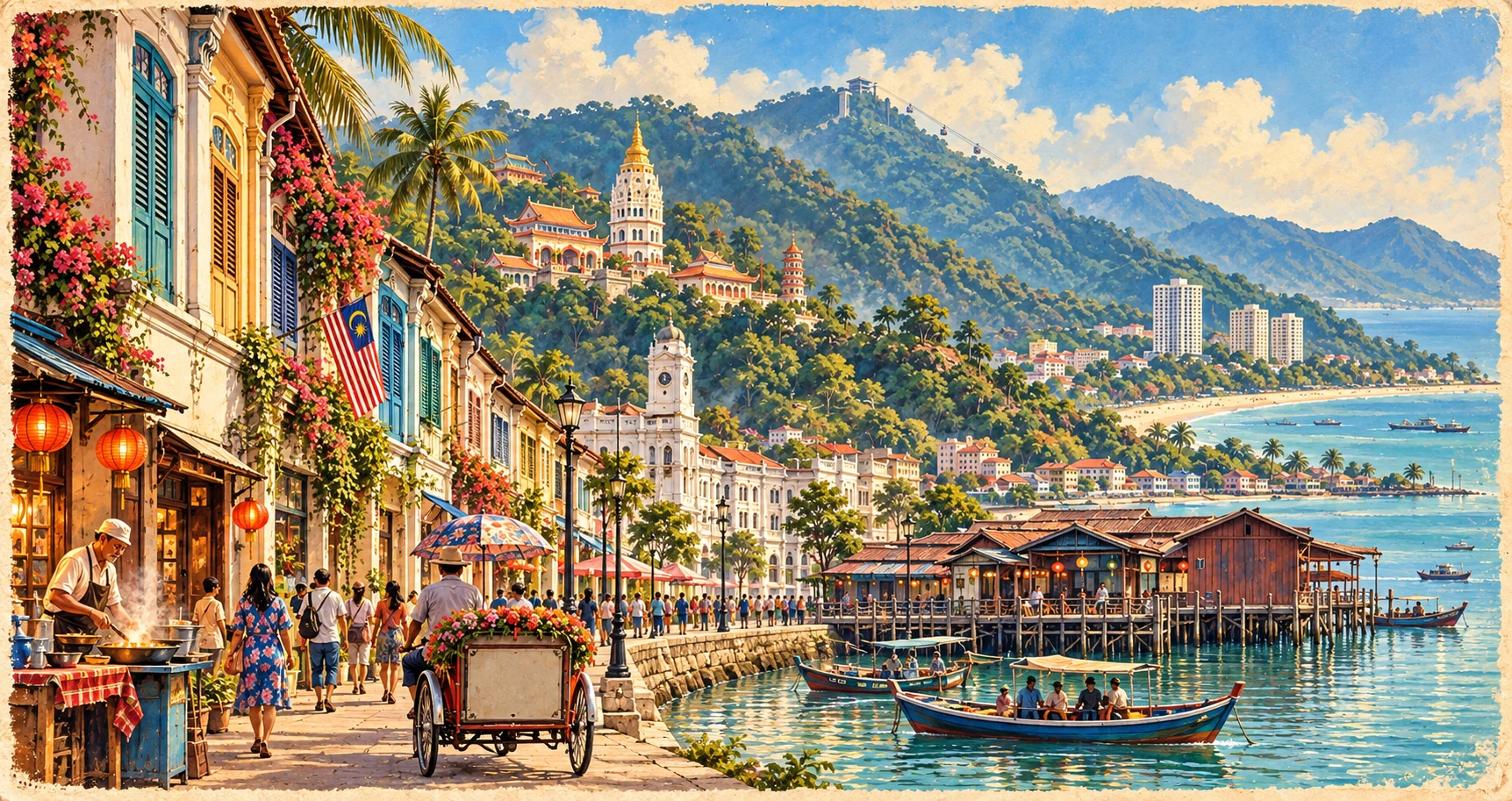 Illustrated panorama of Penang, Malaysia