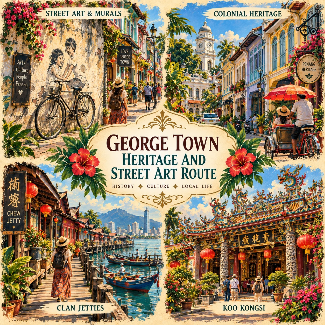 Illustrated George Town heritage and street art in Penang, Malaysia