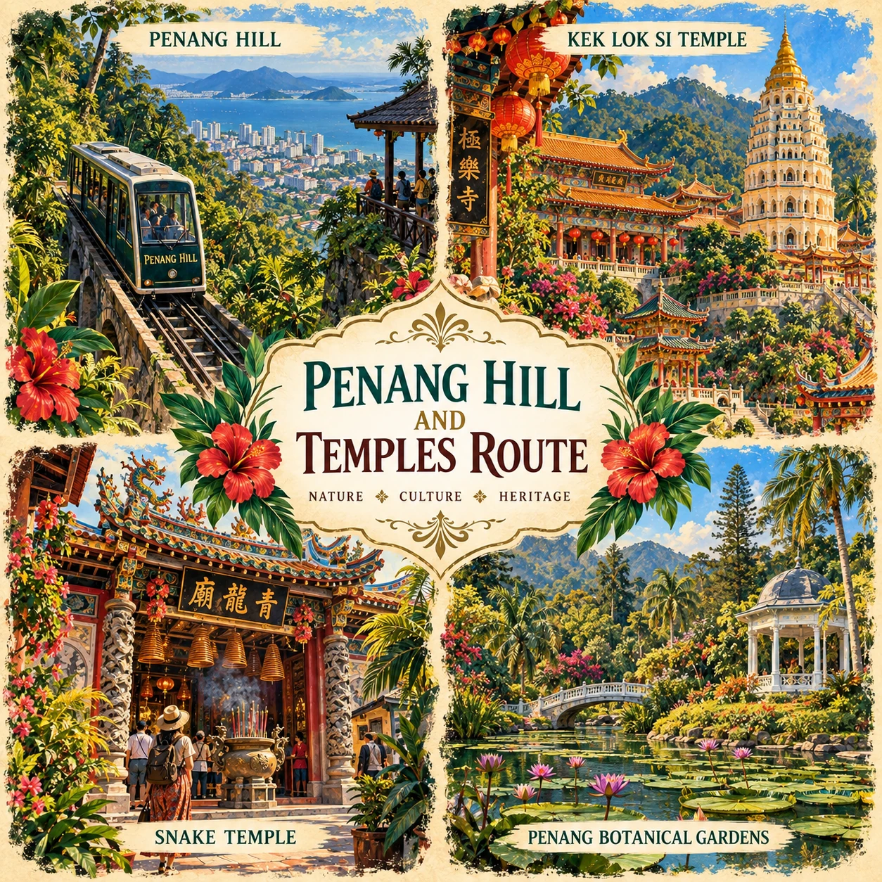 Illustrated Penang Hill and temples in Penang, Malaysia