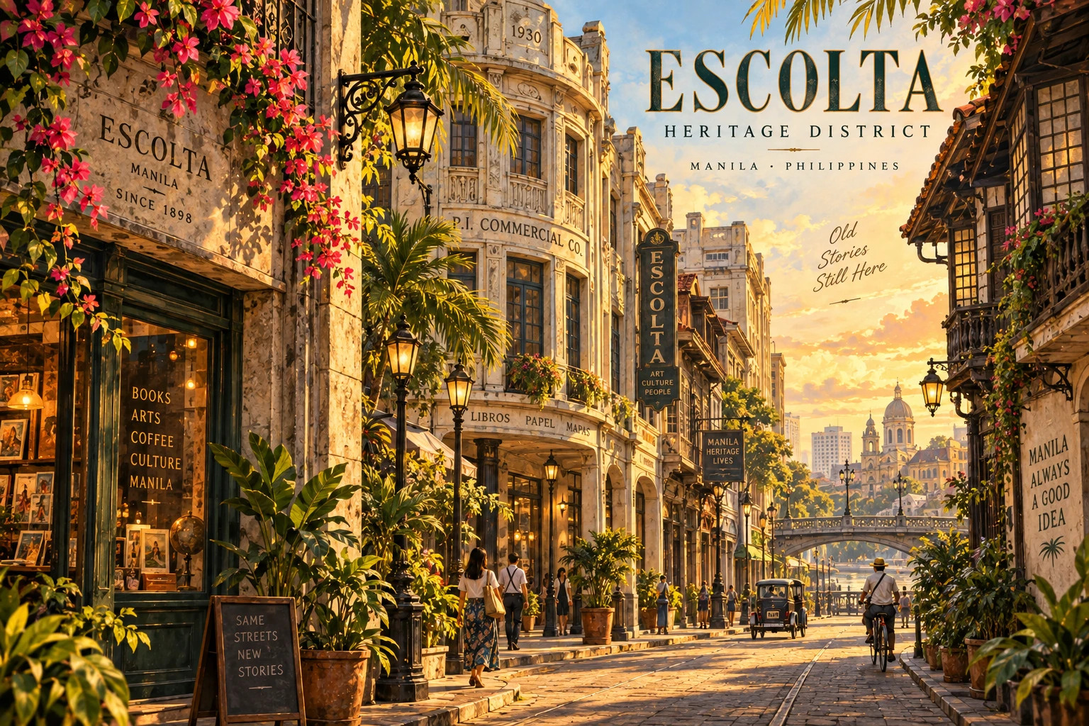 Illustrated Escolta heritage district in Manila, Philippines