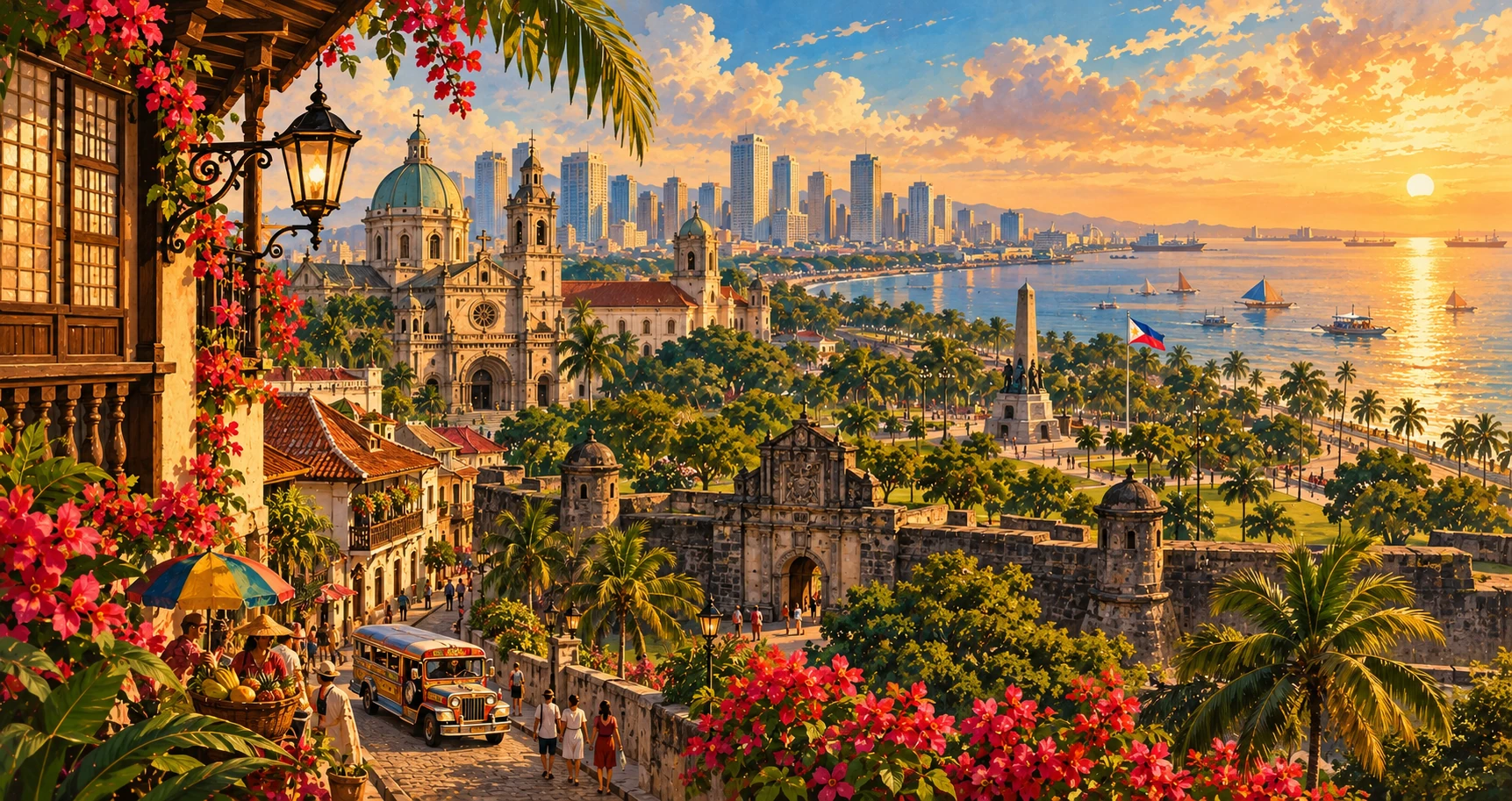 Illustrated Manila city panorama, Philippines