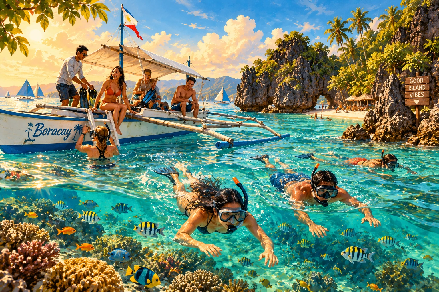 Illustrated Island hopping with snorkeling in Boracay, Philippines