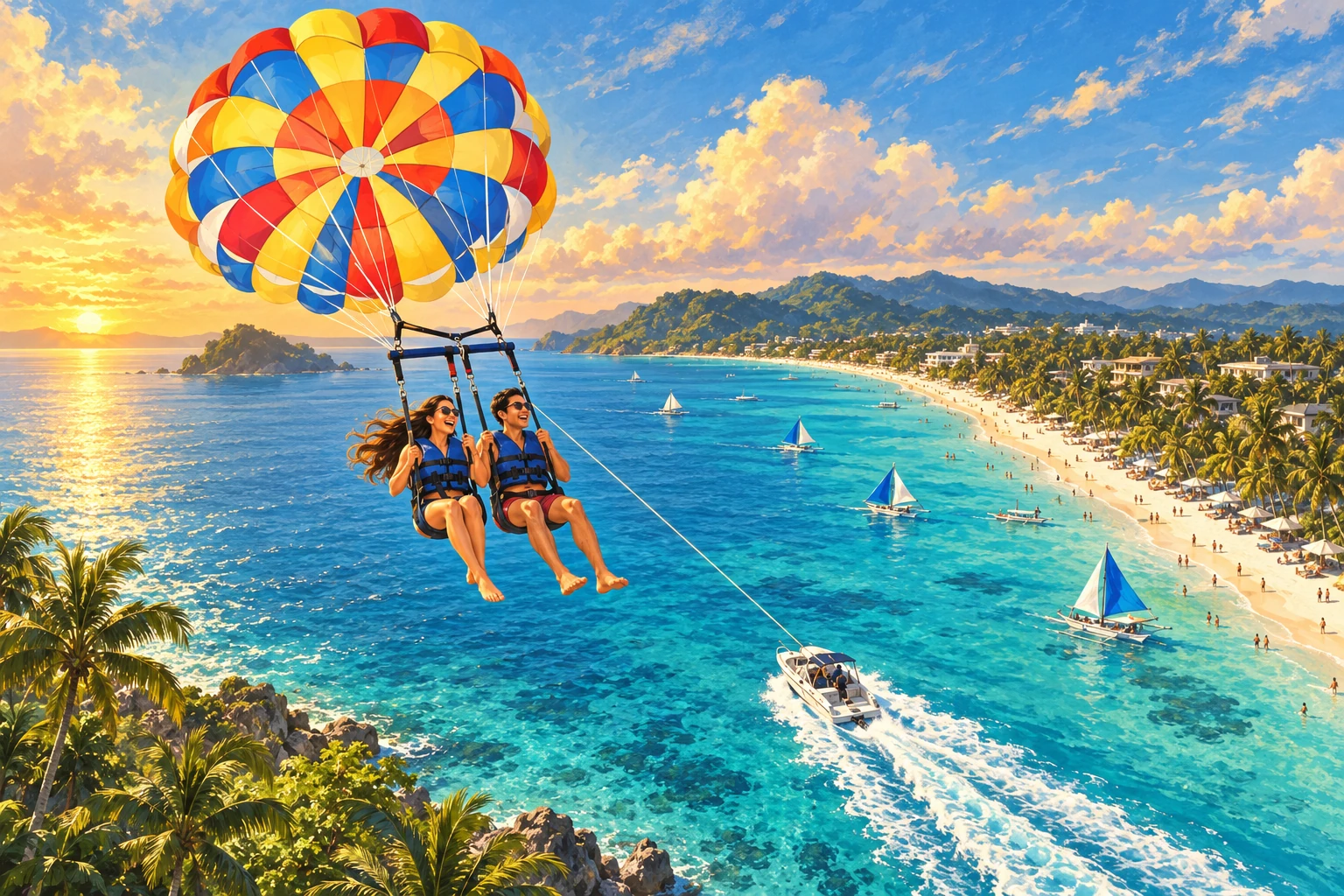 Illustrated Parasailing over White Beach in Boracay, Philippines