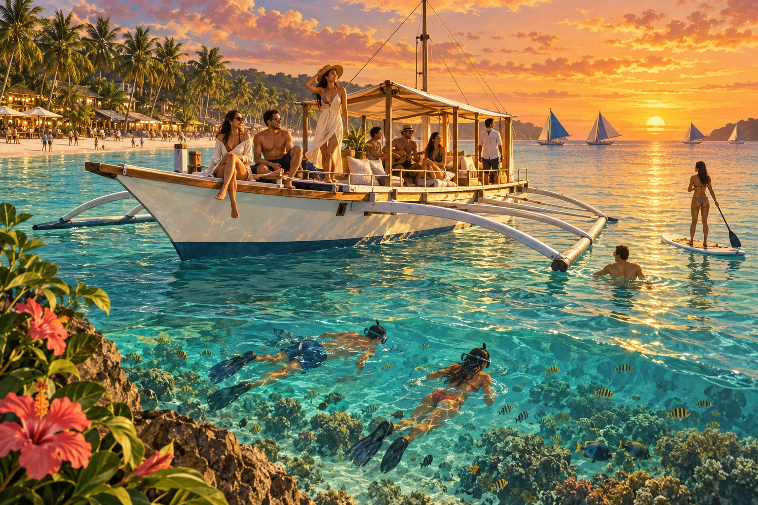 Illustrated Sunset cruise with water activities in Boracay, Philippines