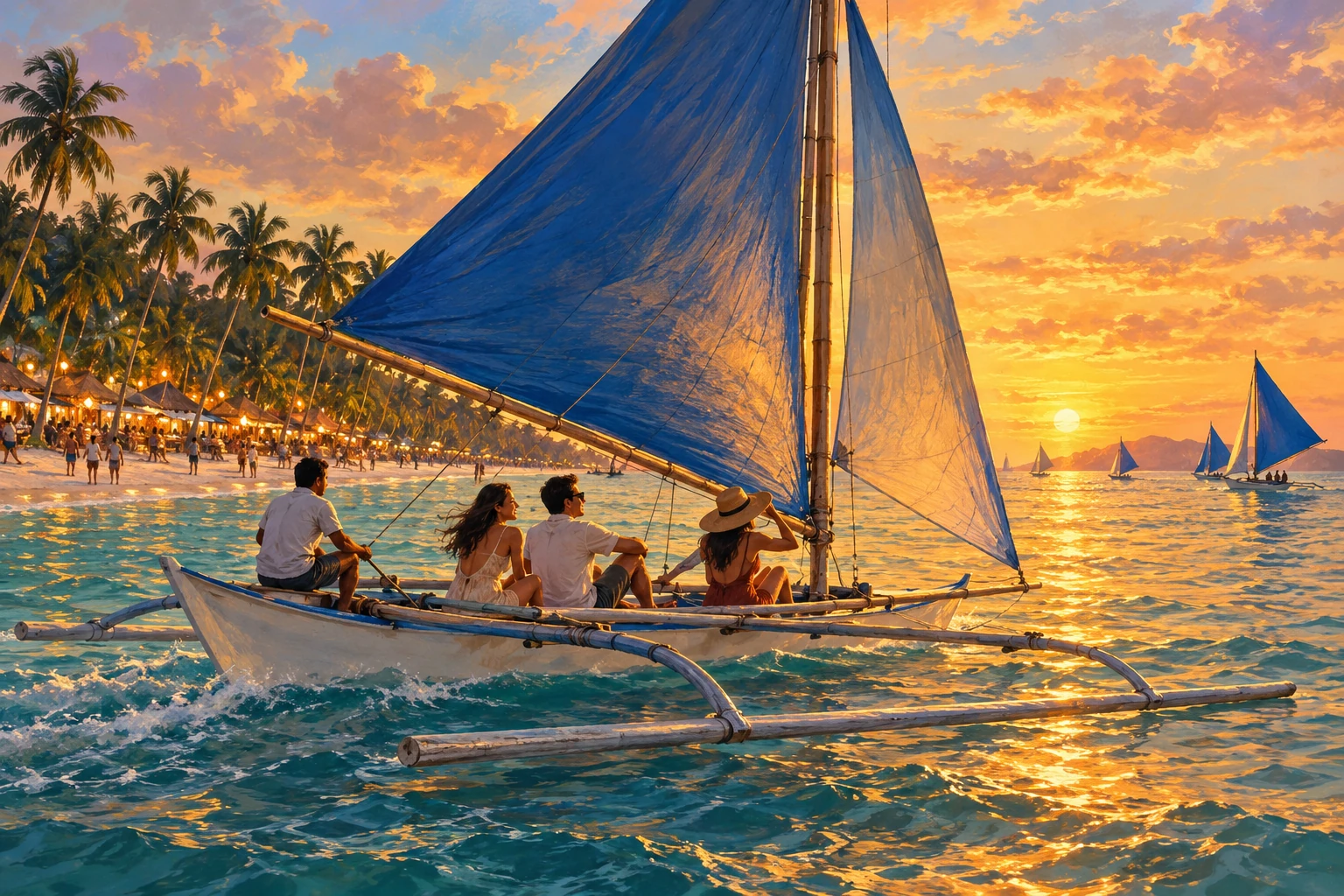 Illustrated Sunset paraw sailing in Boracay, Philippines