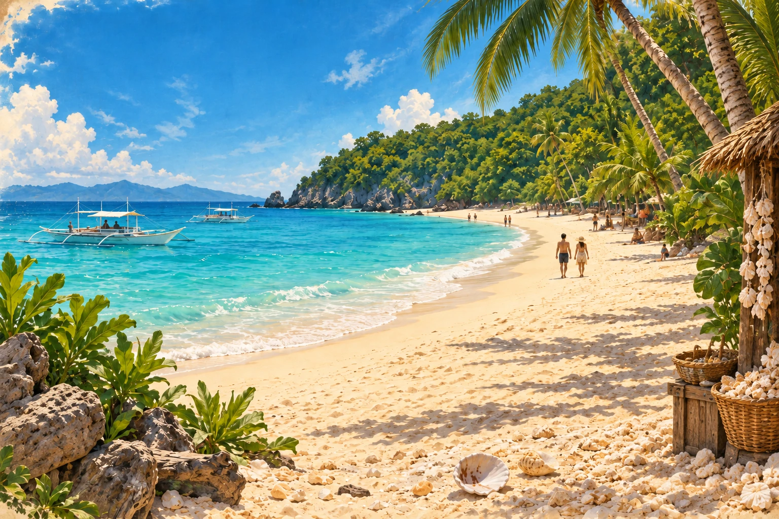 Illustrated Puka Shell Beach in Boracay, Philippines