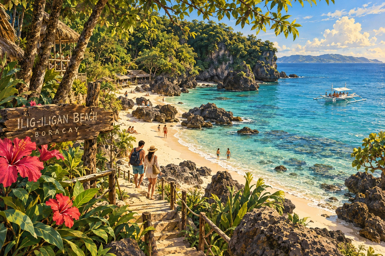 Illustrated Ilig-Iligan Beach in Boracay, Philippines