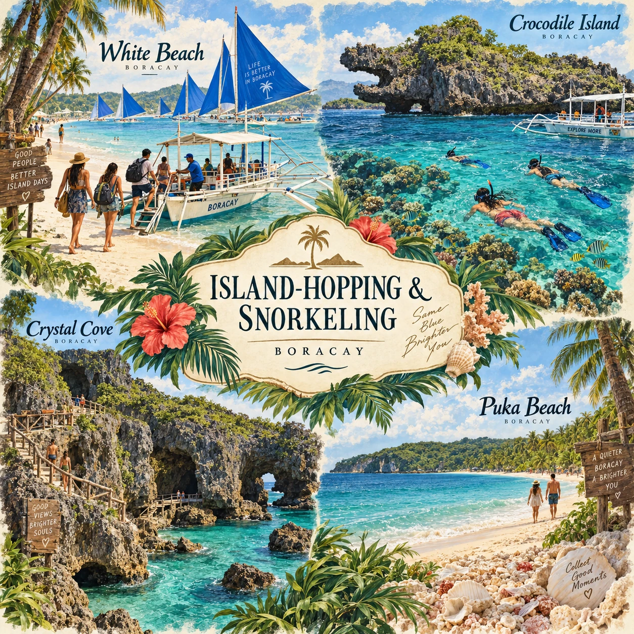 Illustrated Island hopping and snorkeling in Boracay, Philippines