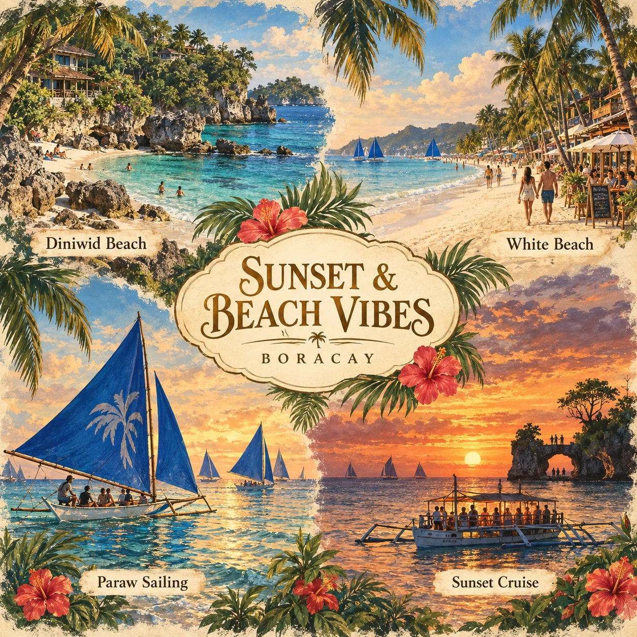 Illustrated Sunset and beach vibes in Boracay, Philippines