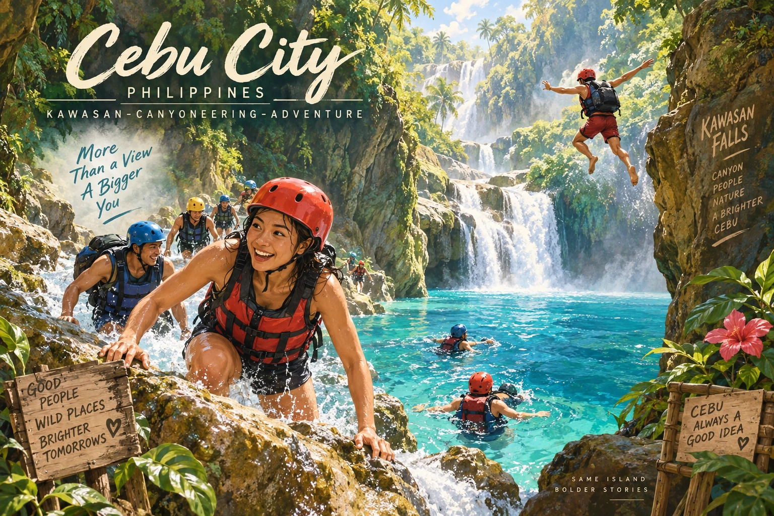 Illustrated Kawasan canyoneering adventure in Cebu City, Philippines