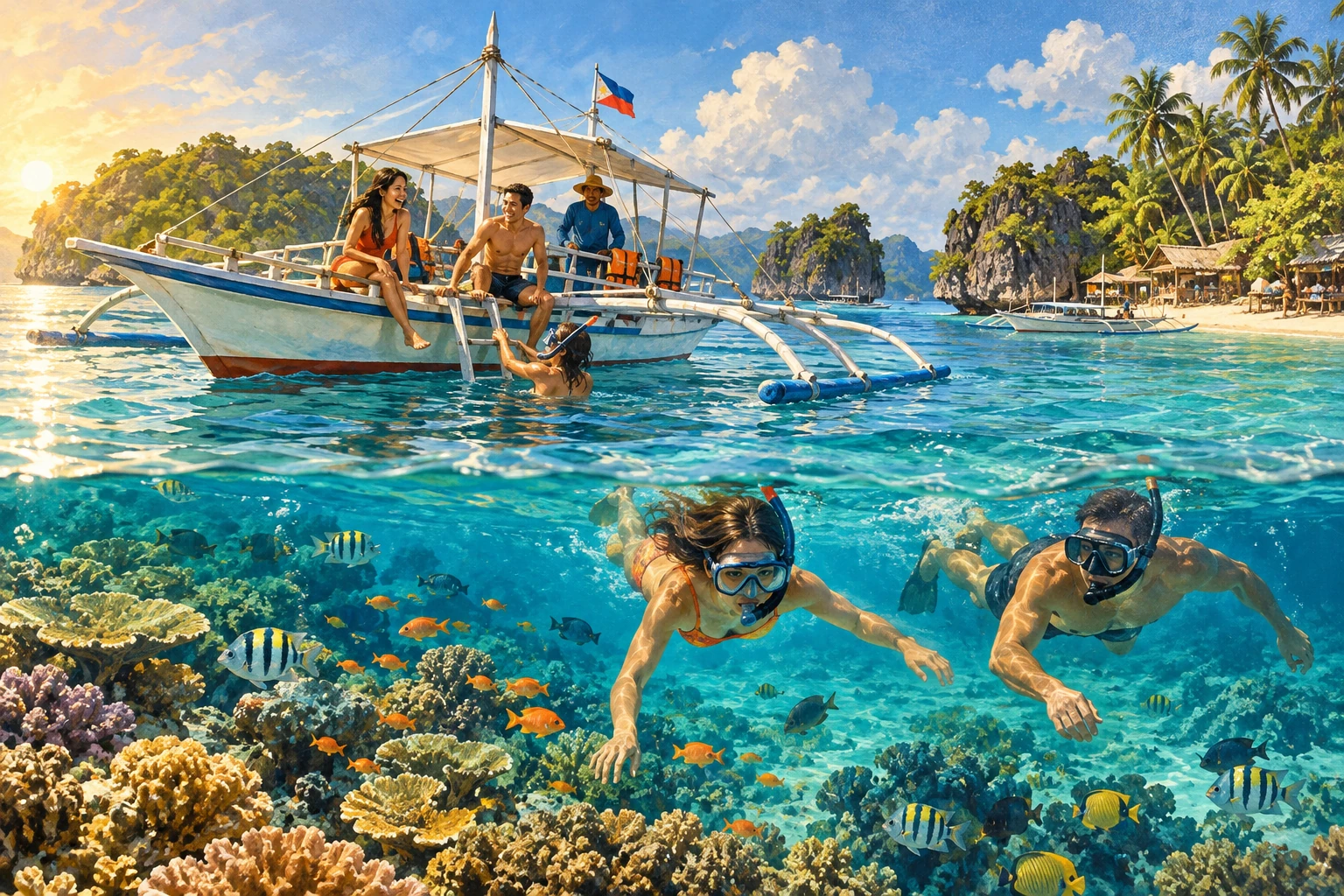Illustrated Mactan island hopping and snorkeling in Cebu City, Philippines