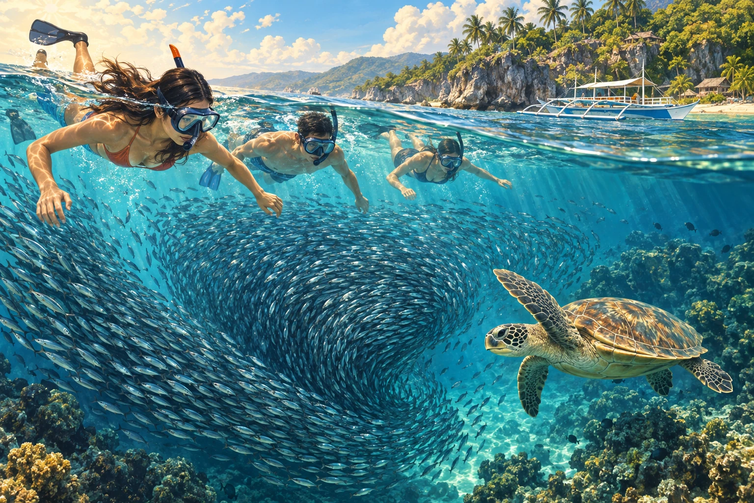 Illustrated Moalboal sardine run and turtle snorkeling in Cebu City, Philippines