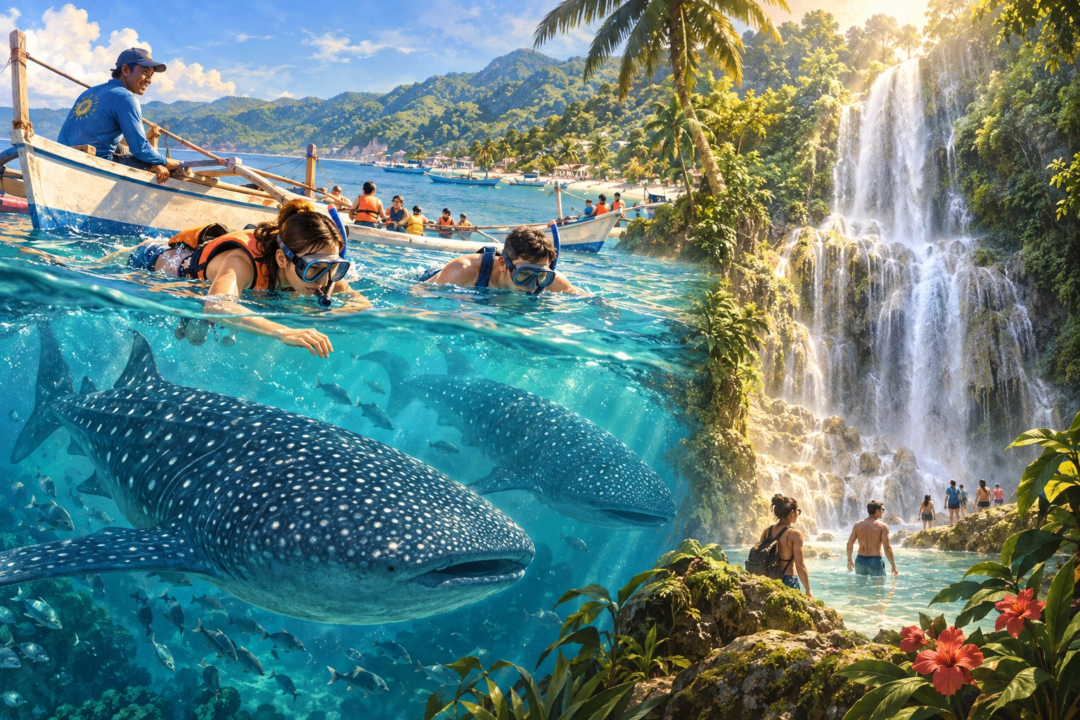 Illustrated Oslob whale shark and Tumalog Falls outing in Cebu City, Philippines