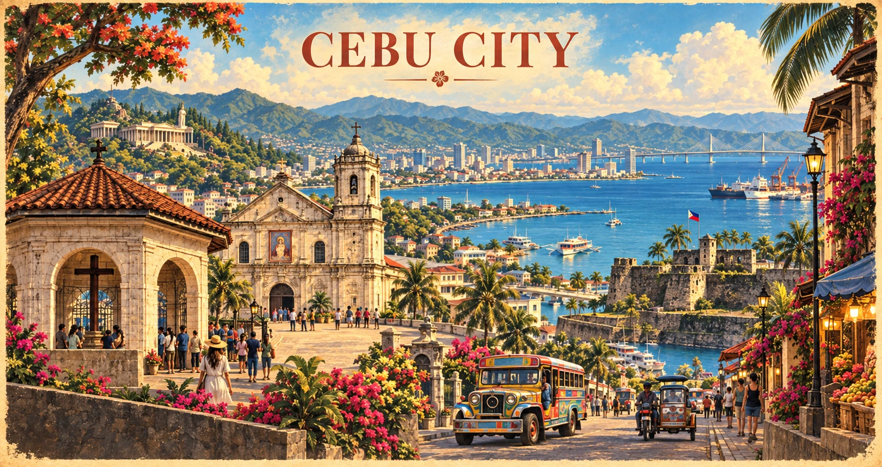Illustrated panorama of Cebu City, Philippines