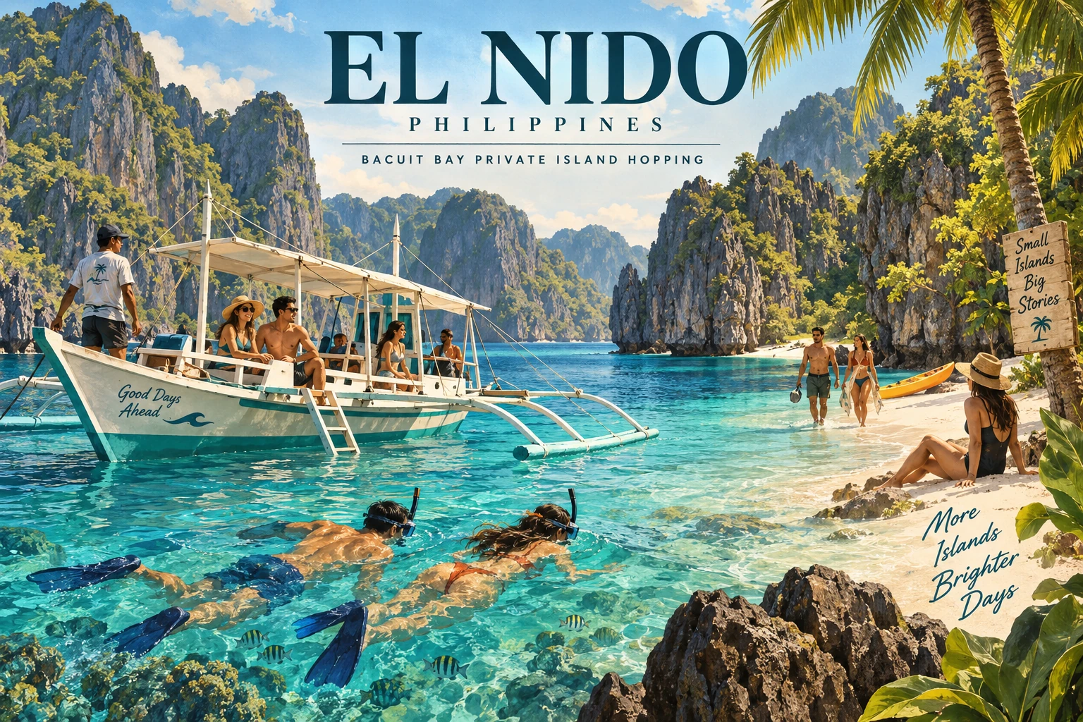 Illustrated Bacuit Bay private island hopping in El Nido, Philippines