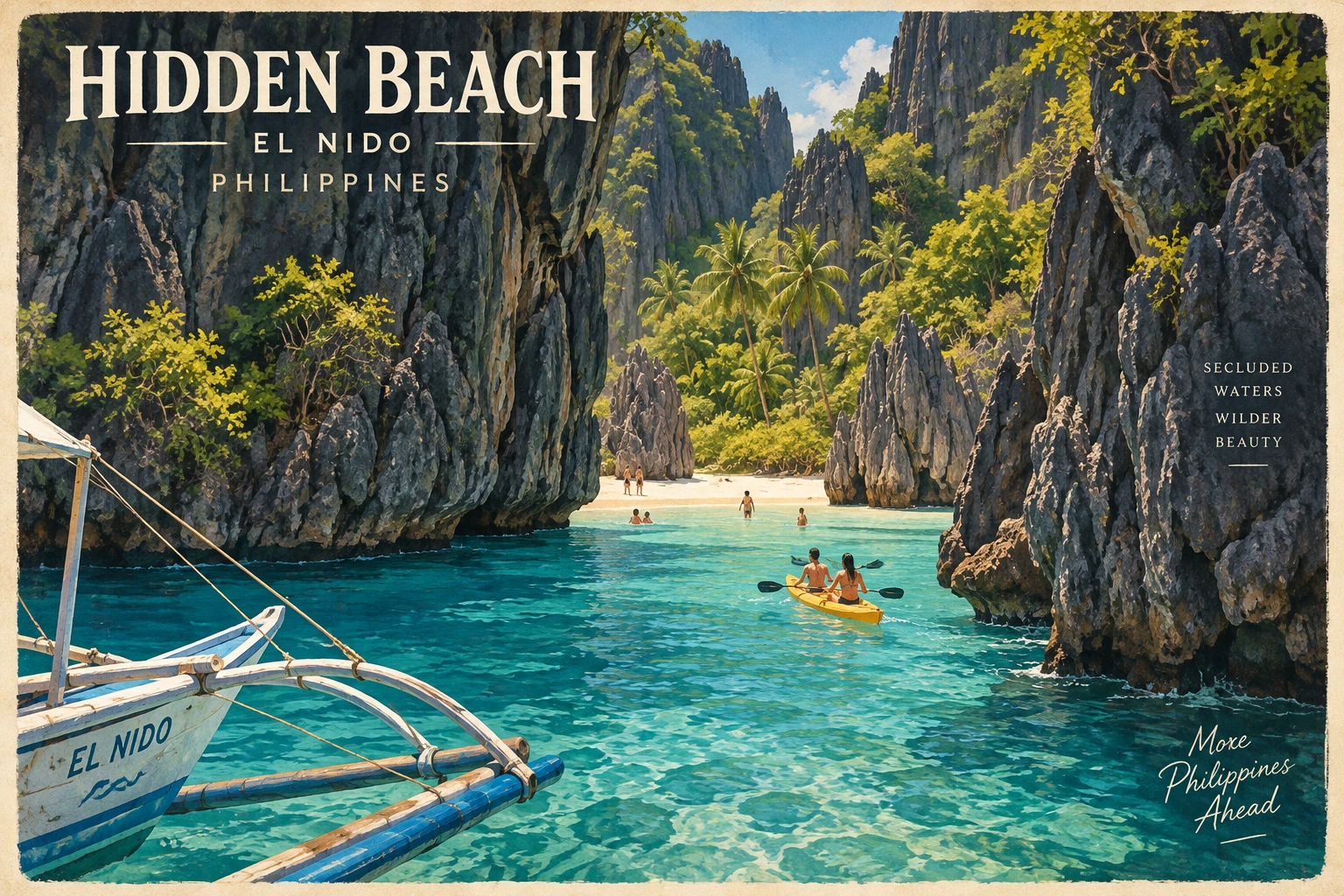 Illustrated Hidden Beach in El Nido, Philippines