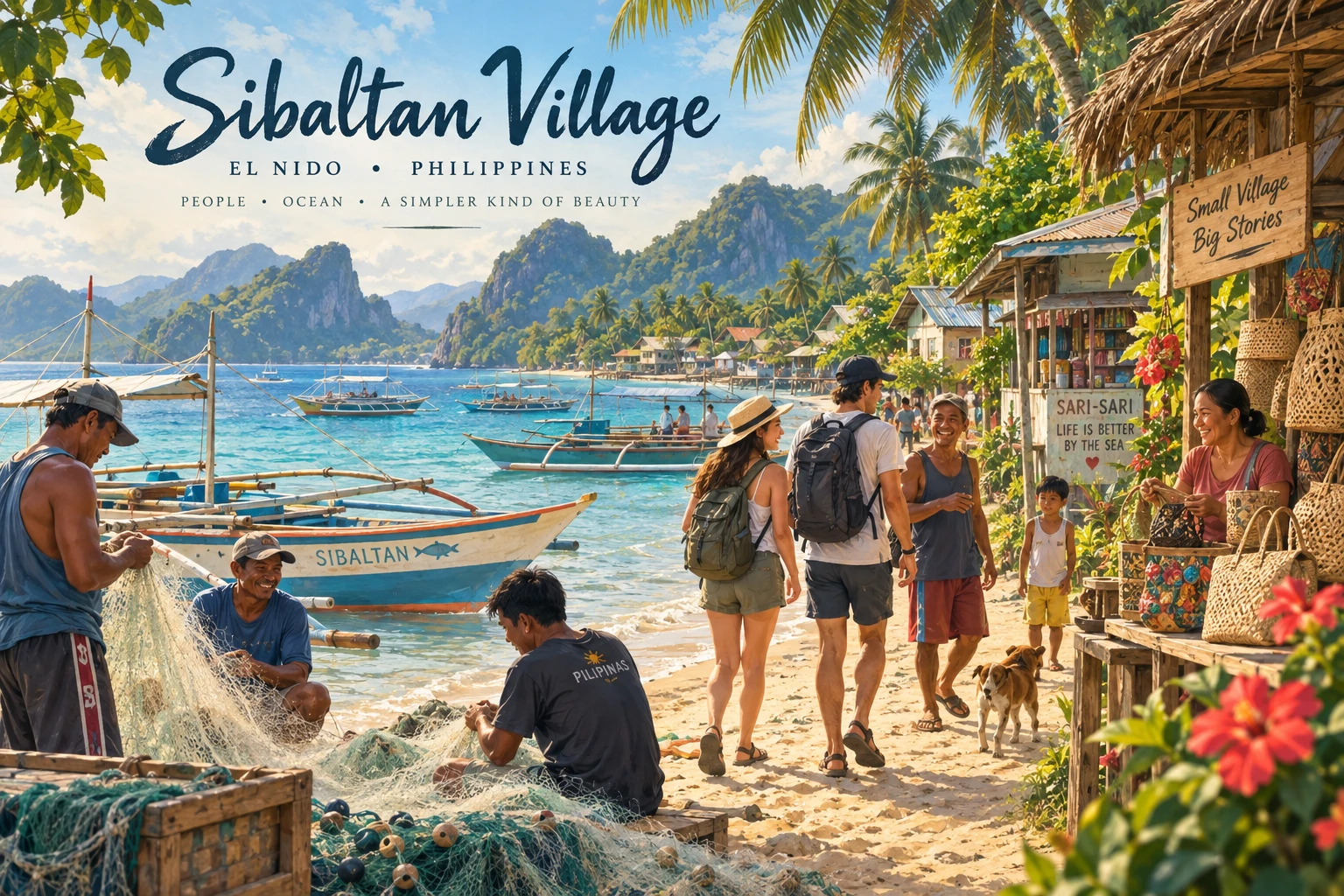 Illustrated Sibaltan village in El Nido, Philippines