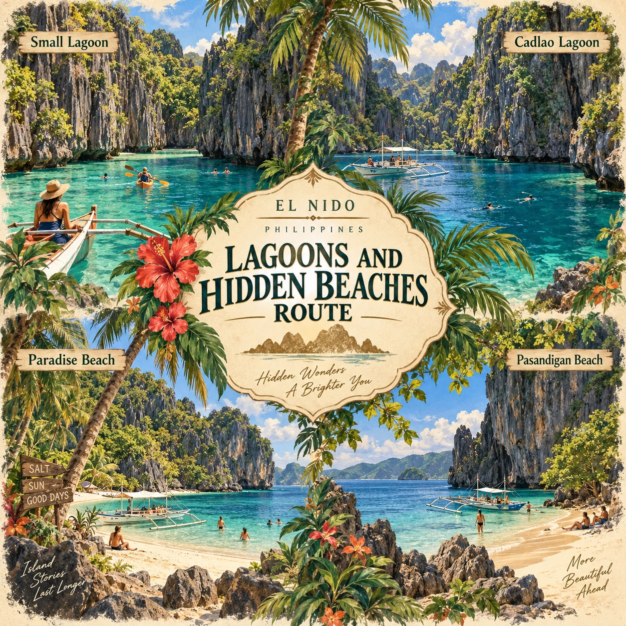 Illustrated Lagoons and hidden beaches in El Nido, Philippines