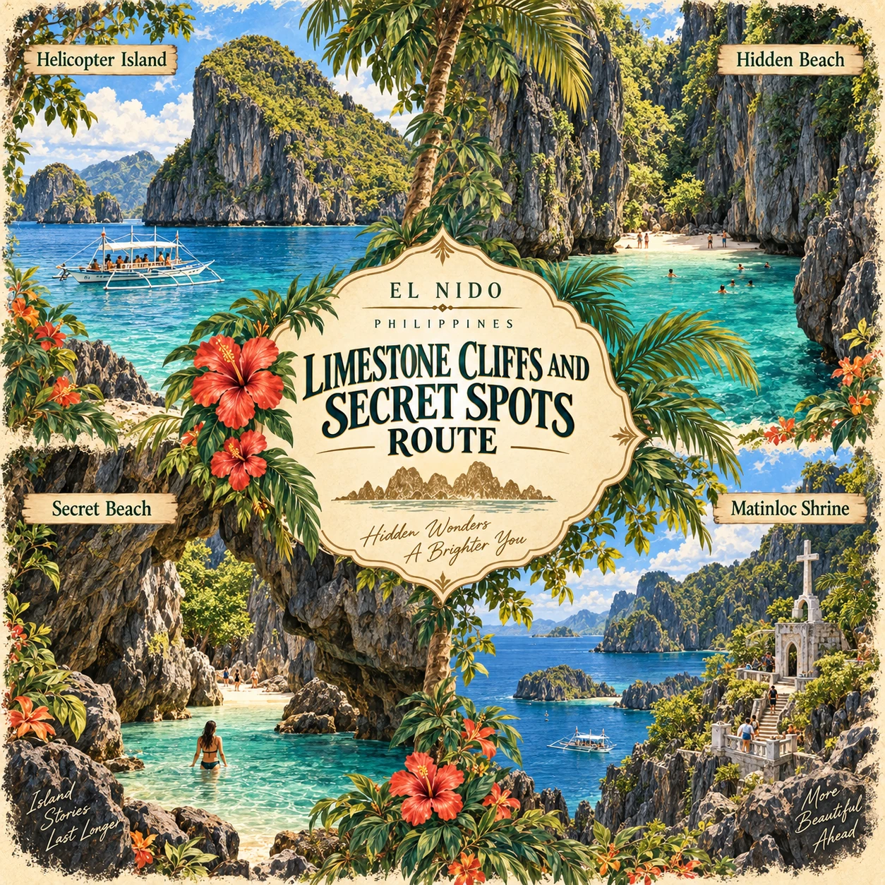 Illustrated Limestone cliffs and secret spots in El Nido, Philippines