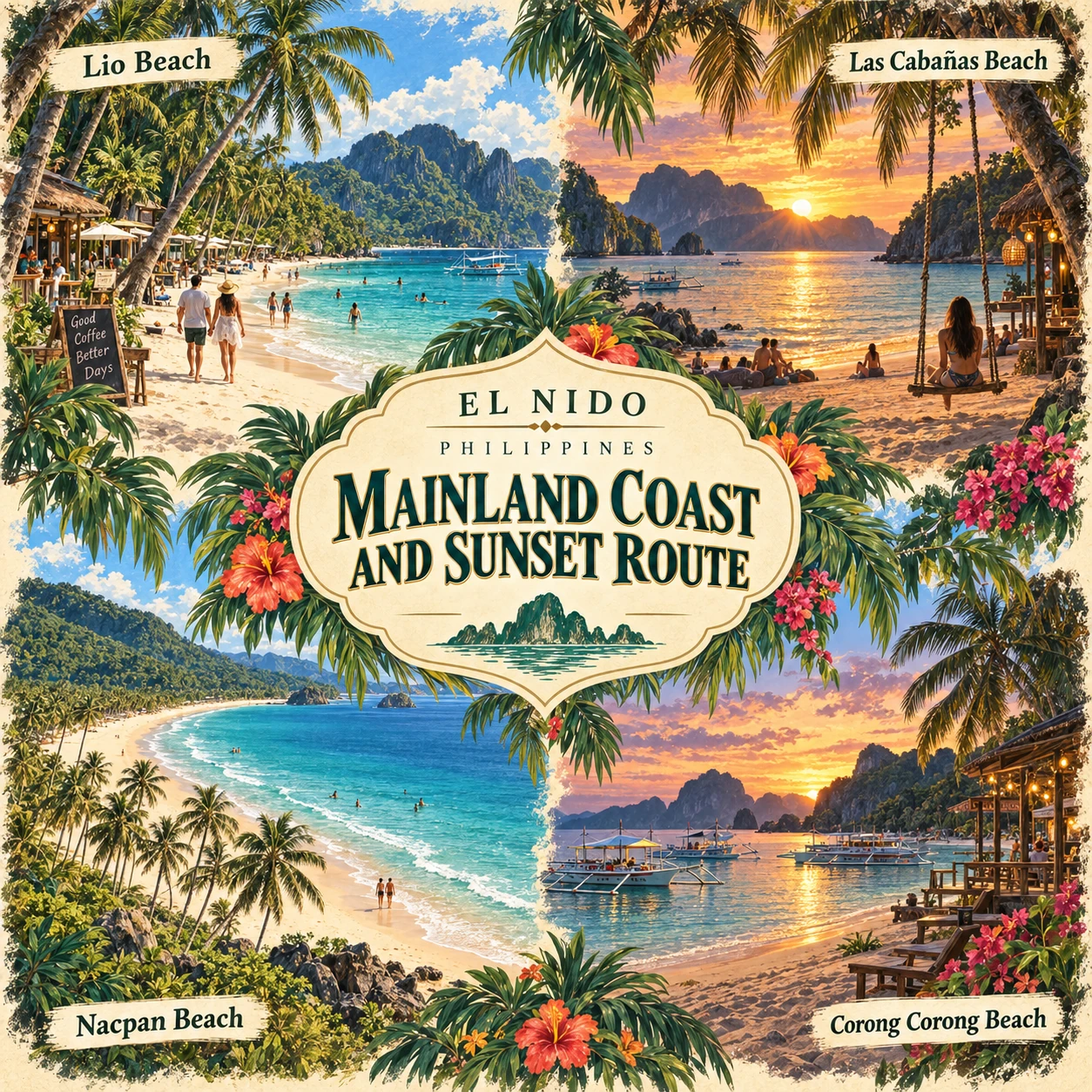 Illustrated Mainland coast and sunset in El Nido, Philippines