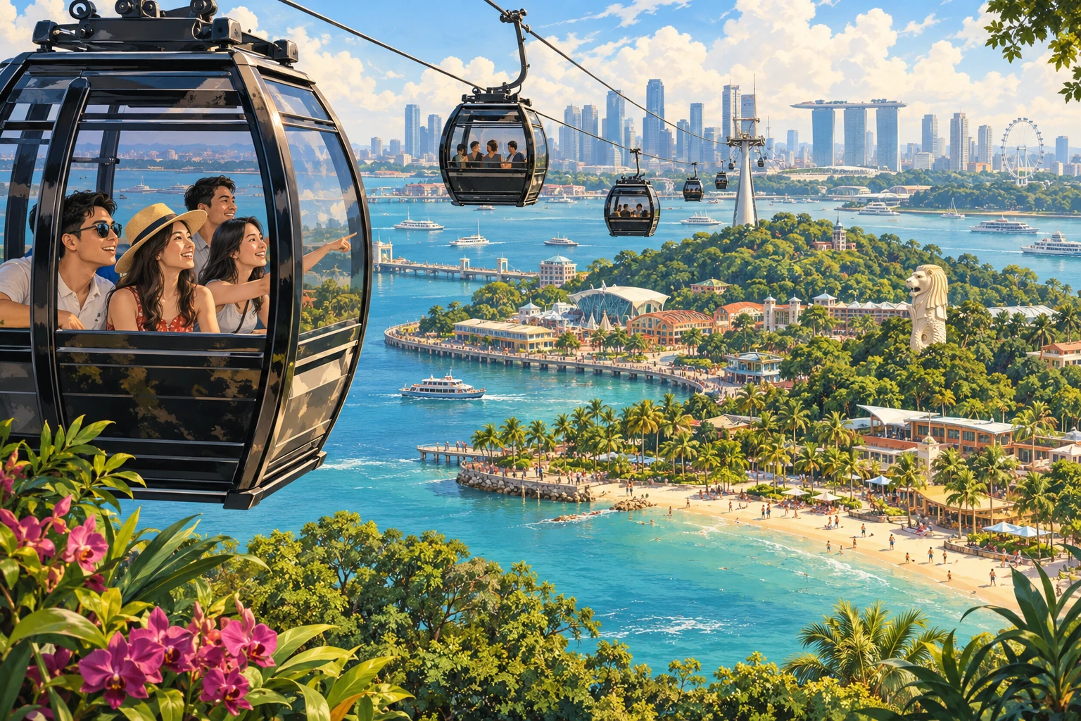 Illustrated Sentosa cable car and island day in Singapore