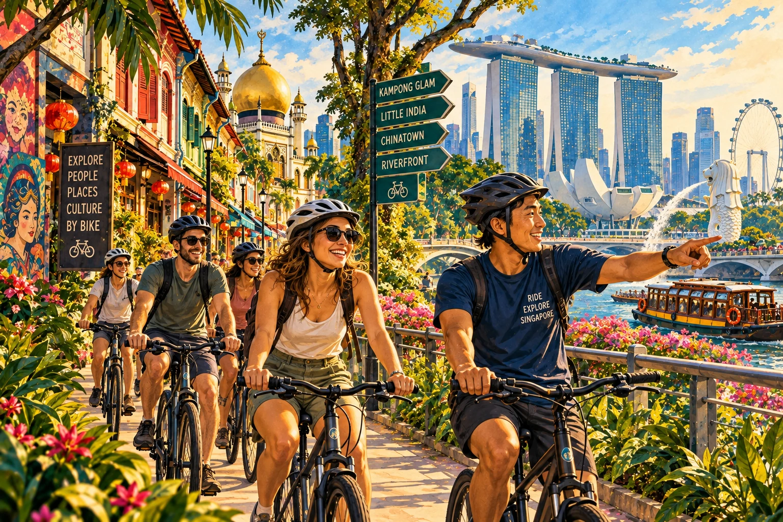 Illustrated Singapore city bike tour in Singapore