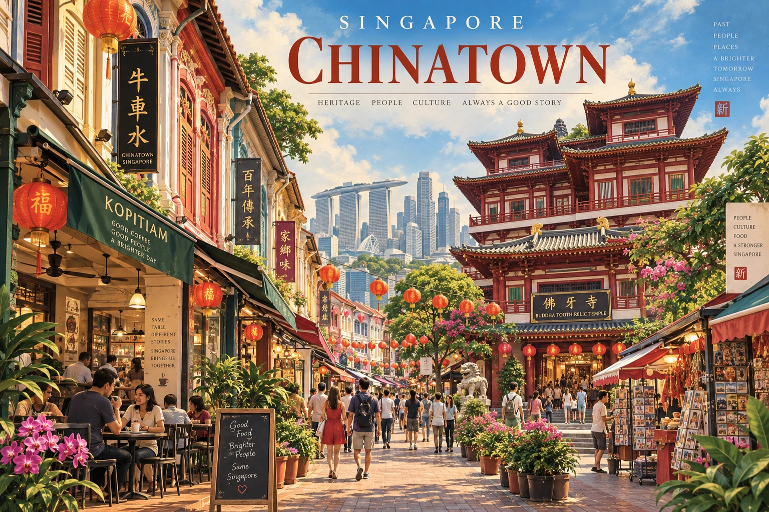 Illustrated view of Chinatown in Singapore