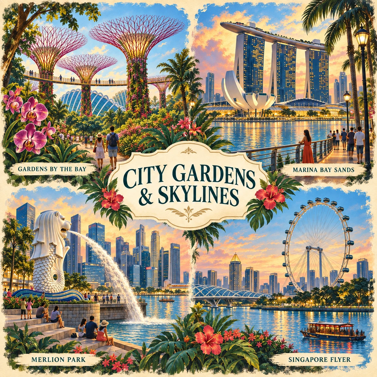 Illustrated City gardens and skylines route in Singapore