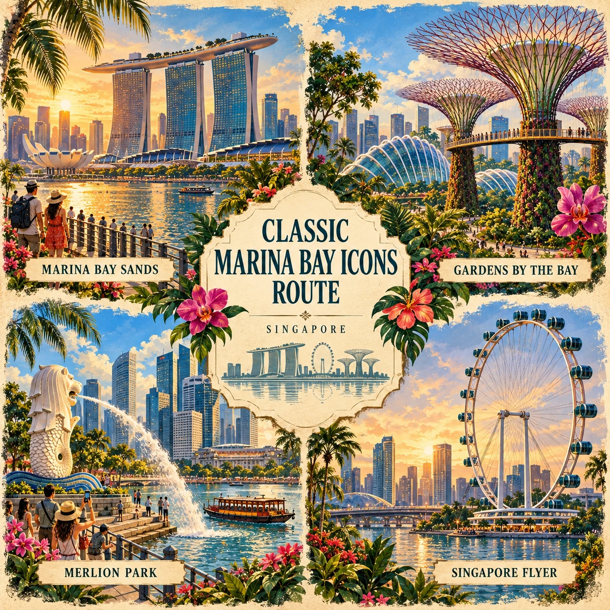 Illustrated Classic Marina Bay icons route in Singapore