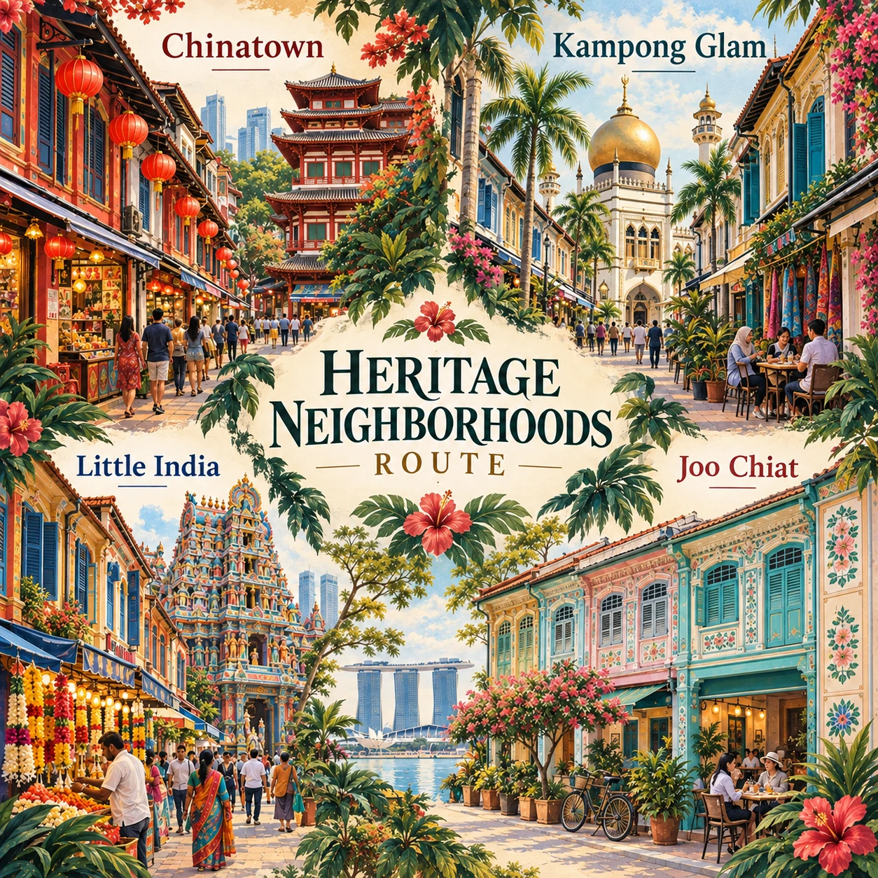 Illustrated Heritage neighborhoods route in Singapore