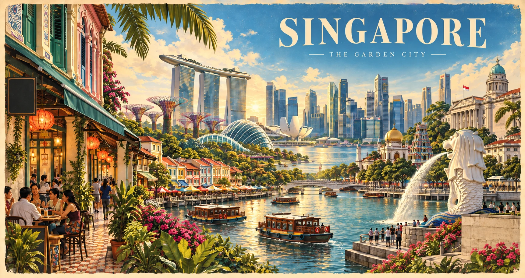 Illustrated panoramic Singapore skyline and waterfront