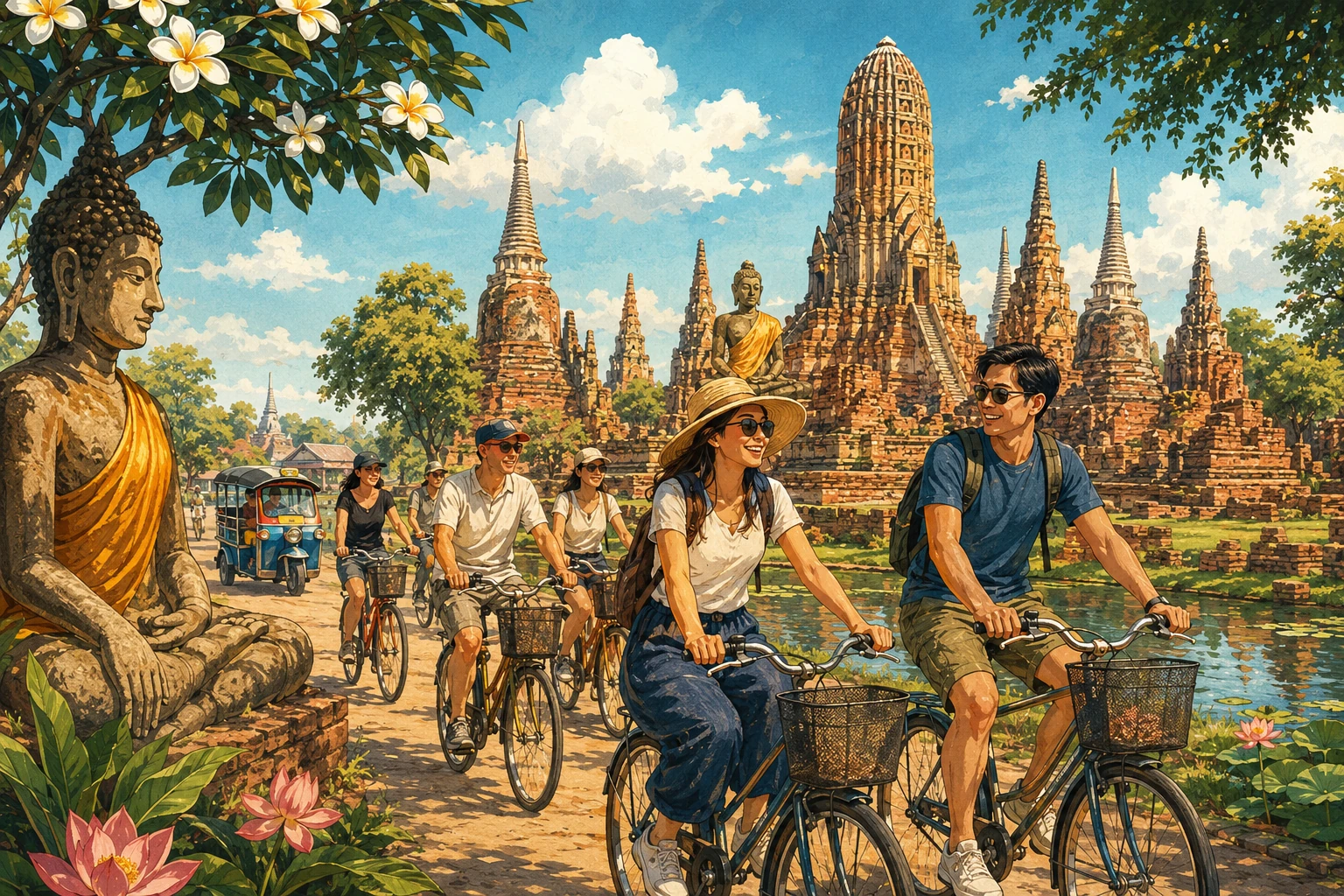 Cyclists touring Ayutthaya temple ruins