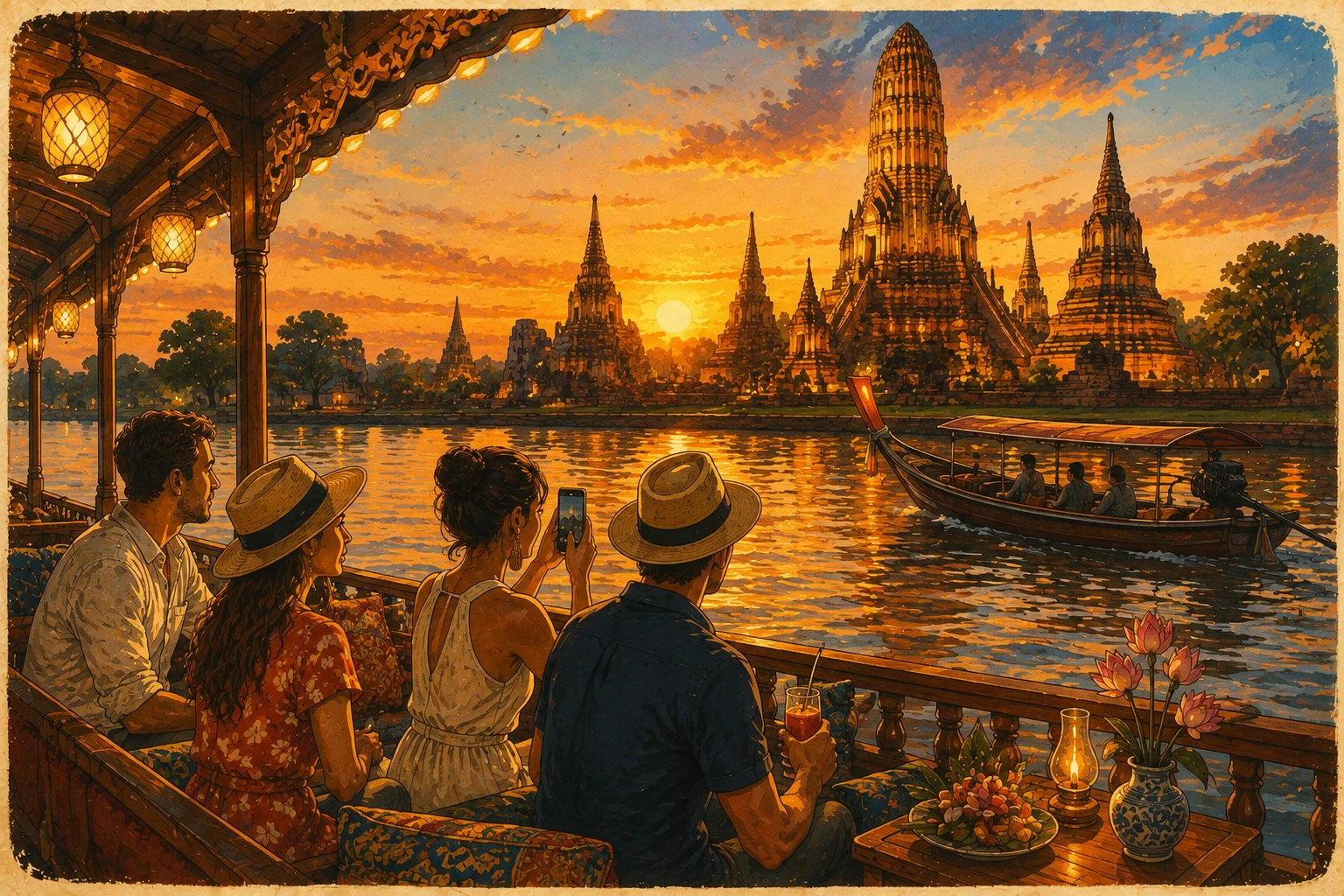 Sunset boat cruise past Ayutthaya temples