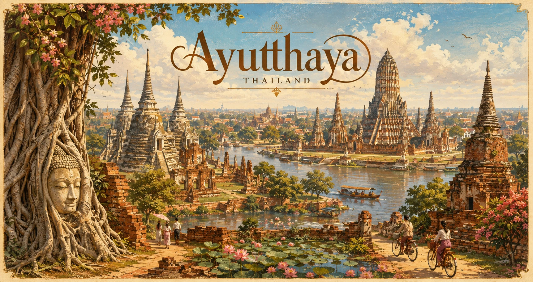 Vintage illustrated panorama of Ayutthaya temples, rivers, bicycles, and travelers