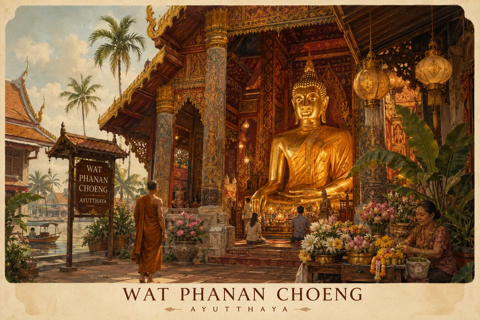 Large seated Buddha inside Wat Phanan Choeng