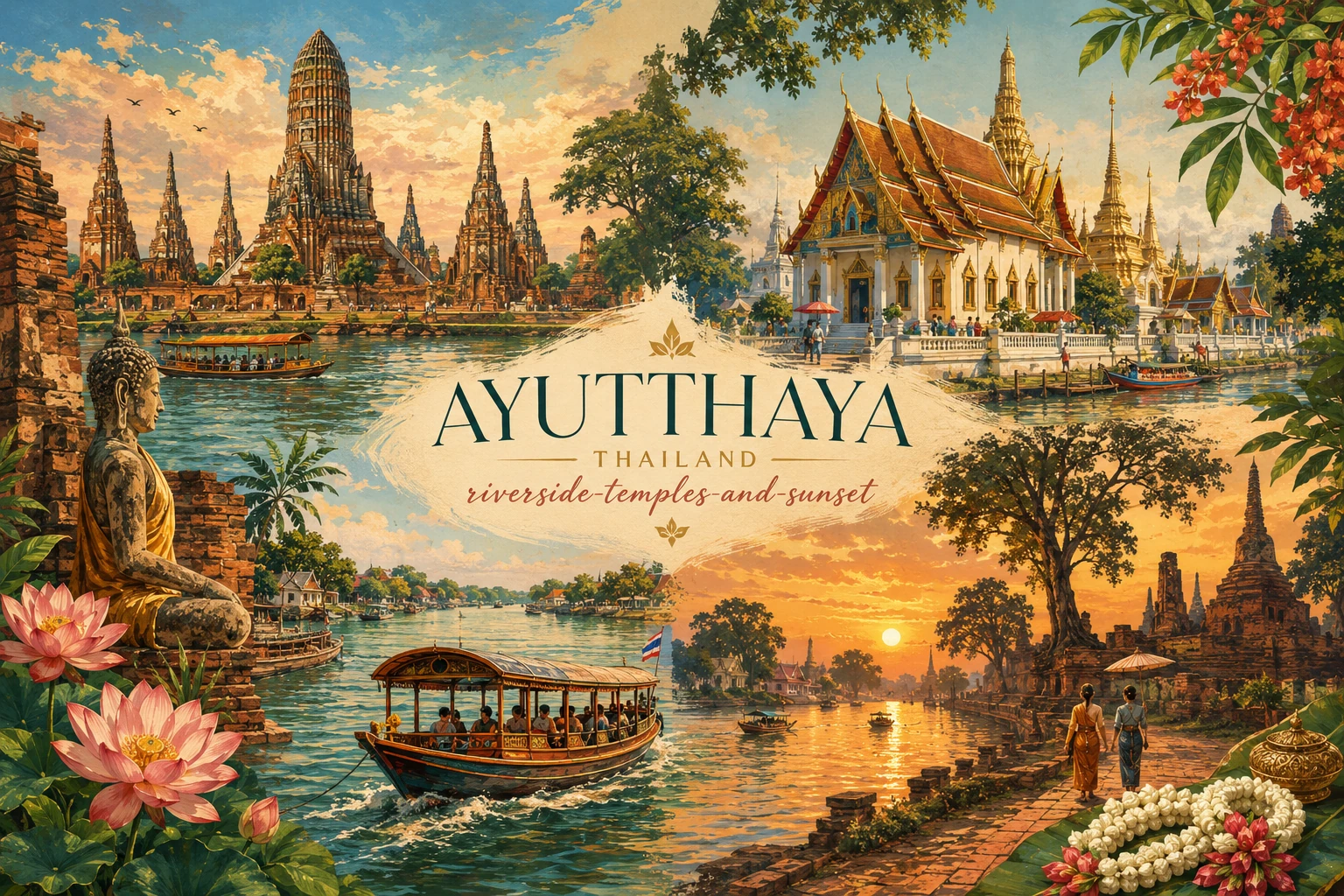 Illustrated Ayutthaya riverside sunset route